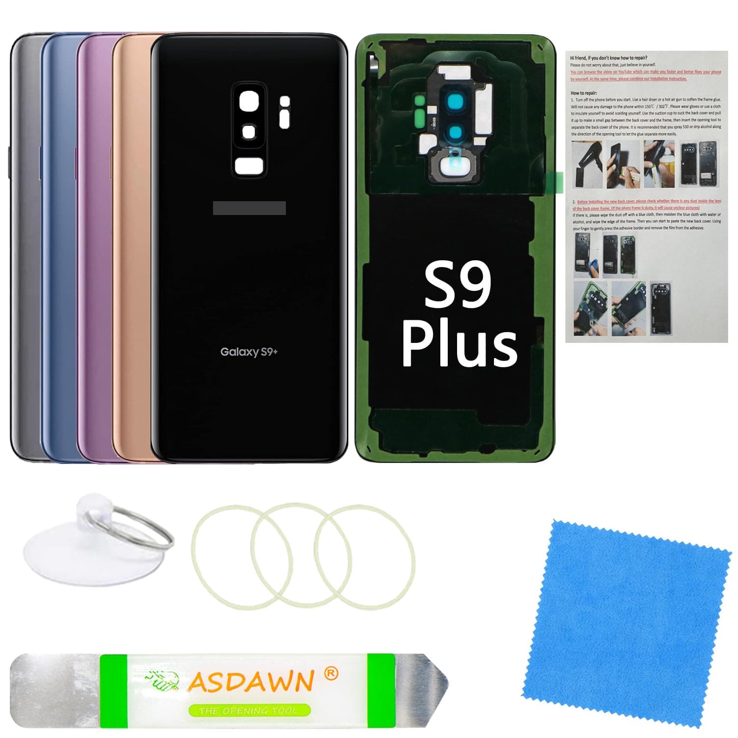Galaxy S9+ Back Cover Glass Replacement with Pre-Installed Camera Lens + Installation Manual + Repair Tool Kit for Samsung Galaxy S9 Plus SM-G965 All Carriers (Midnight Black)