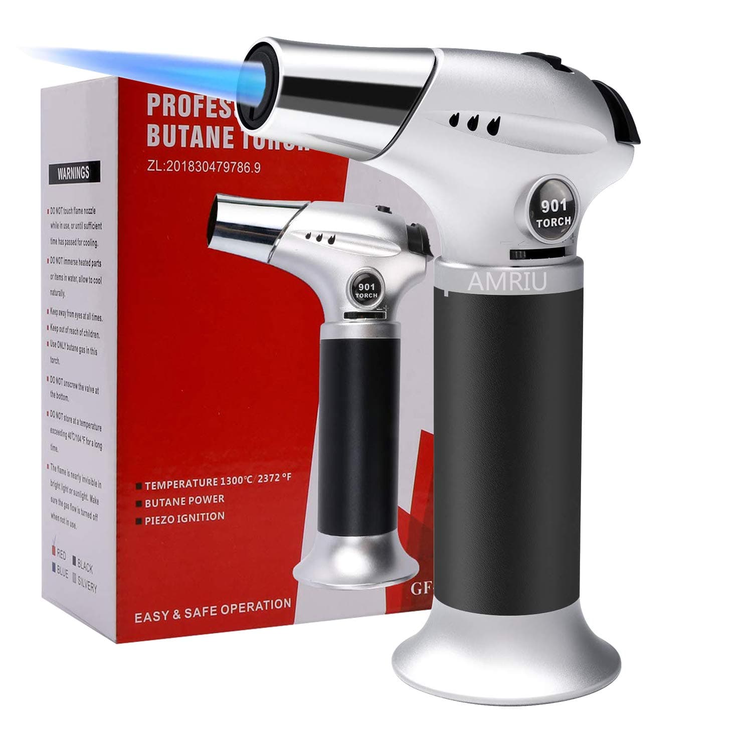 Amriu Blow Torch, Professional Kitchen Cooking Torch with Safety Lock Adjustable Flame Refillable Mini Blow Torch Lighter for Crafts Cooking BBQ Baking - (Black) - (Butane Gas Not Included)