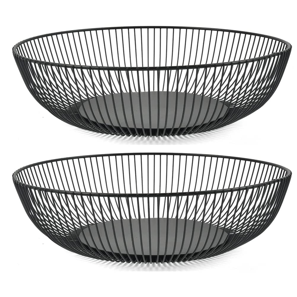 2PCS Black Wire Fruit Basket, Black Fruit Bowls, Basket Metal Wire for Fruitss, Countertop Bowl Fruits 28x7.5cm Countertop Metal Fruit-Bowls, Modern Wires Large Round Basket for Fruits Vegetable Snack