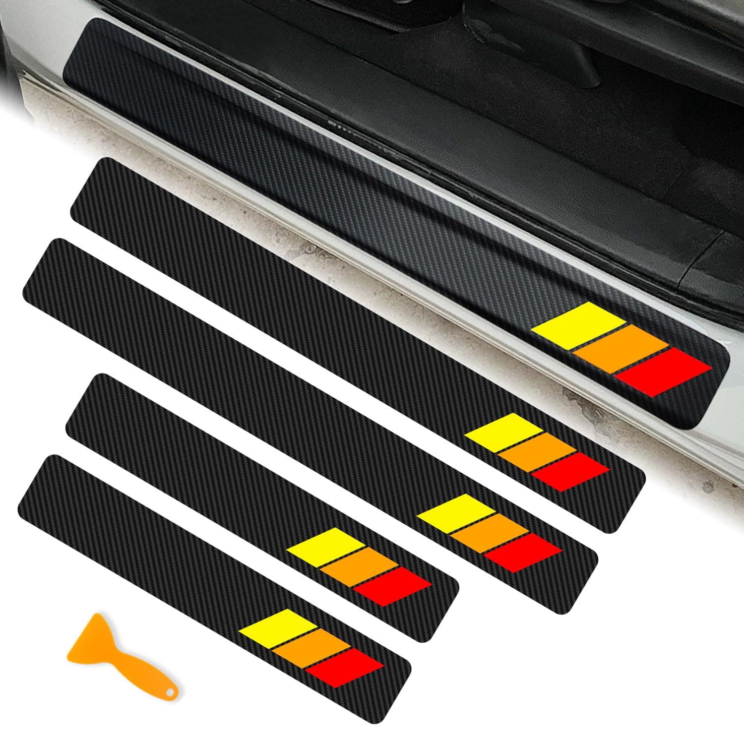 Tricolor Door Sill Protectors for Toyota Tacoma 4Runner Tundra Sequoia Rav4 Highlander Accessories, Carbon Fiber Front/Rear Door Sill Plate Guard, Retro Stripe Door Entry Guard Stickers(4 Pcs)
