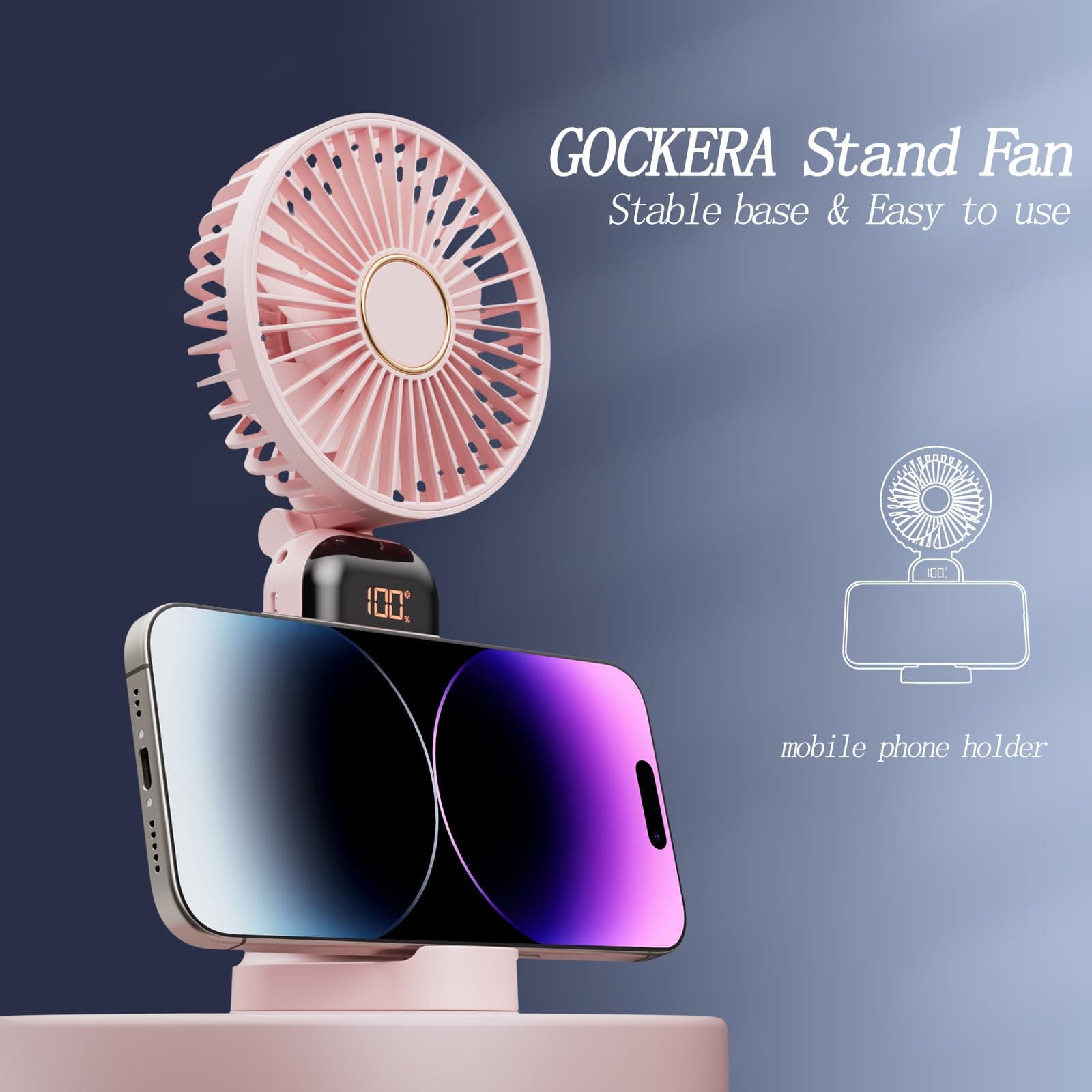 GOCKERA Portable Fan, 4200mAh Battery Operated Fan, 5 Speeds&Digital Display, Makeup Fans for Women with Base, 180°Foldable 3in1 Handheld/Neck/Desk Fan for Outdoor Indoor,Ultra Quiet (Pink)