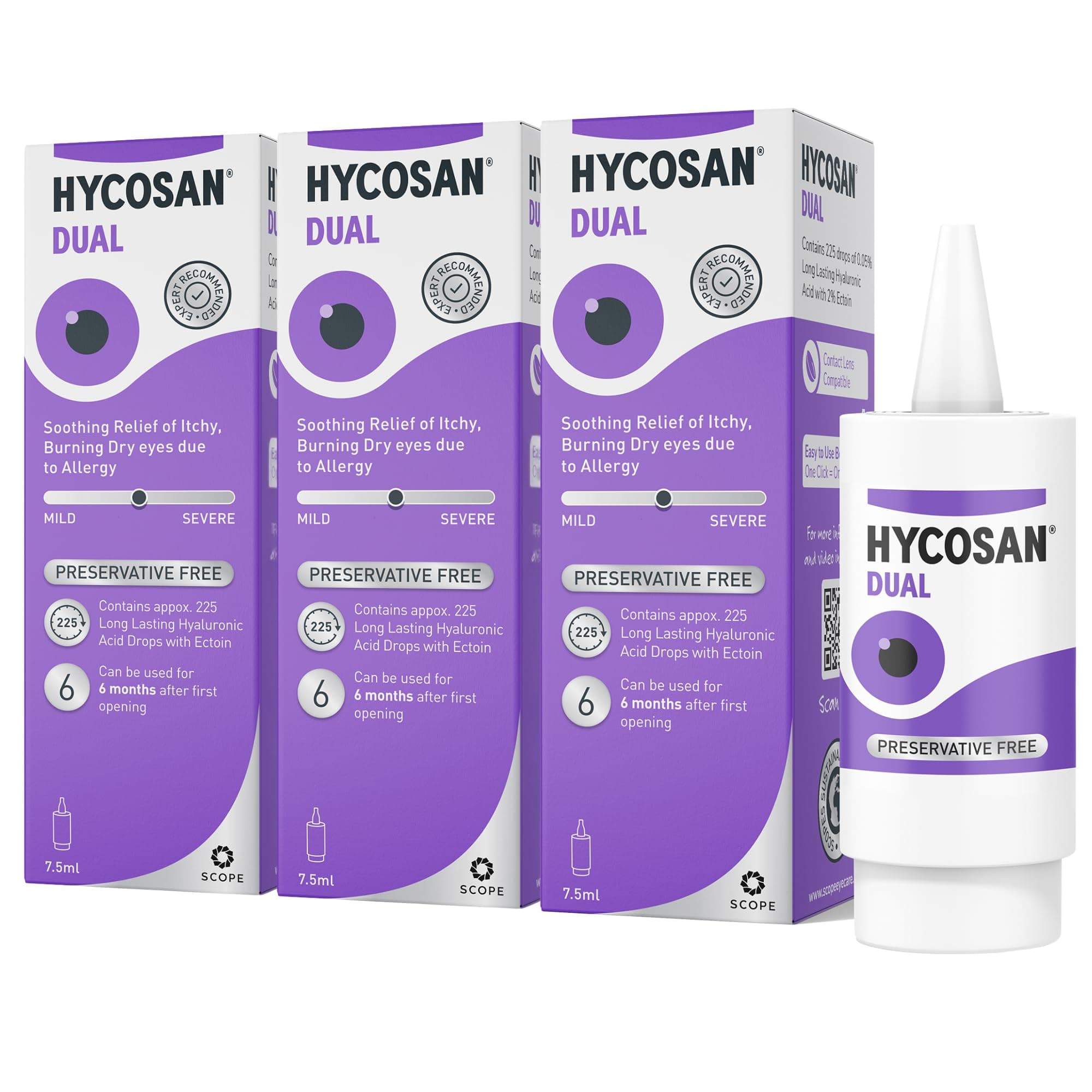 Hycosan Dual - Triple Pack - Preservative Free Eyedrops - 0.05% Sodium Hyaluronate and 2% Ectoin - Recommended for Relief from Lipid Deficient Dry Eye and Meibomian Gland Dysfunction - 3x7.5ml