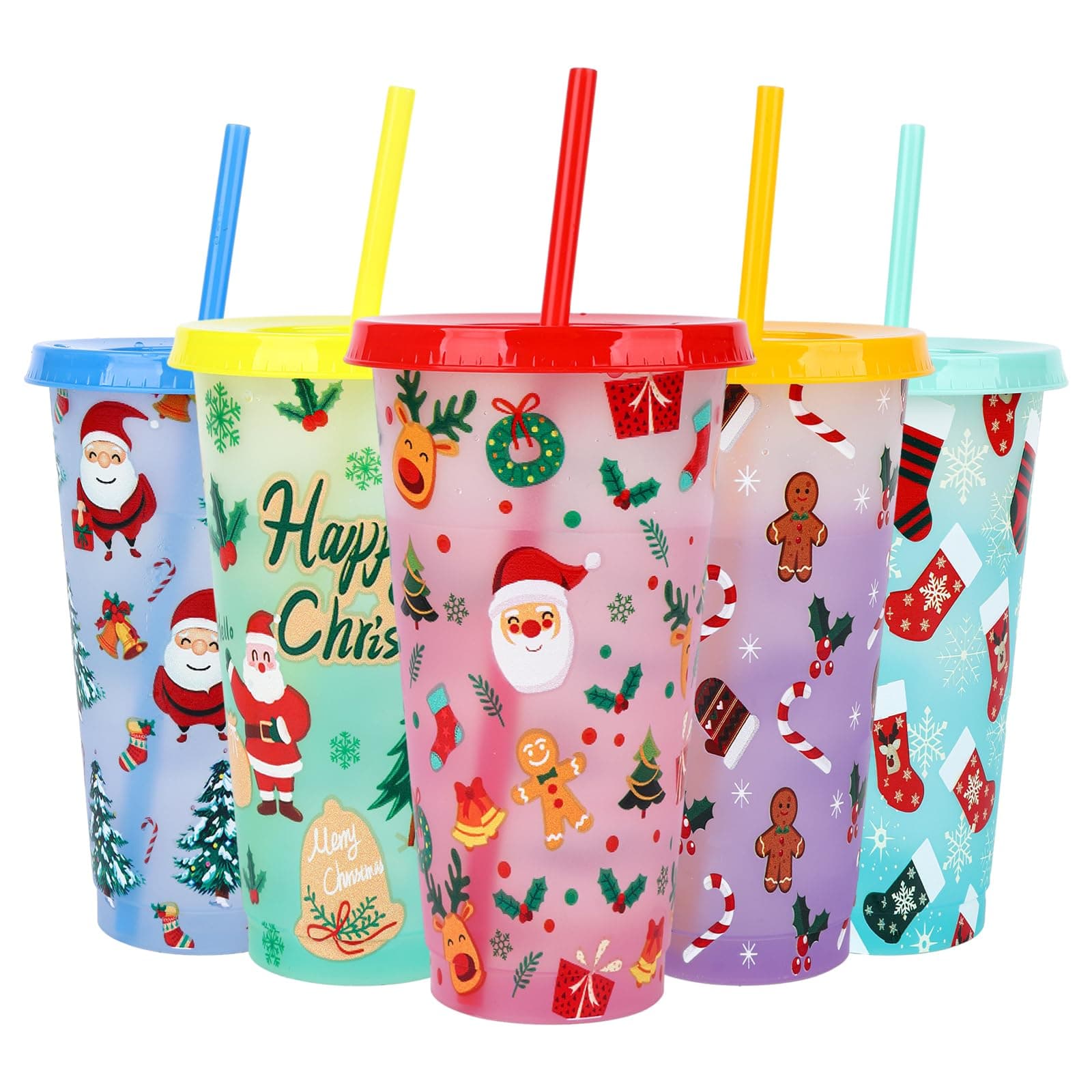 5-Piece Christmas Drink Cup Set 710ml Iced Coffee Cups - Color Changing, with Lids, Straws Santa Claus Snowman Reindeer Gingerbread for Kids Party Favors