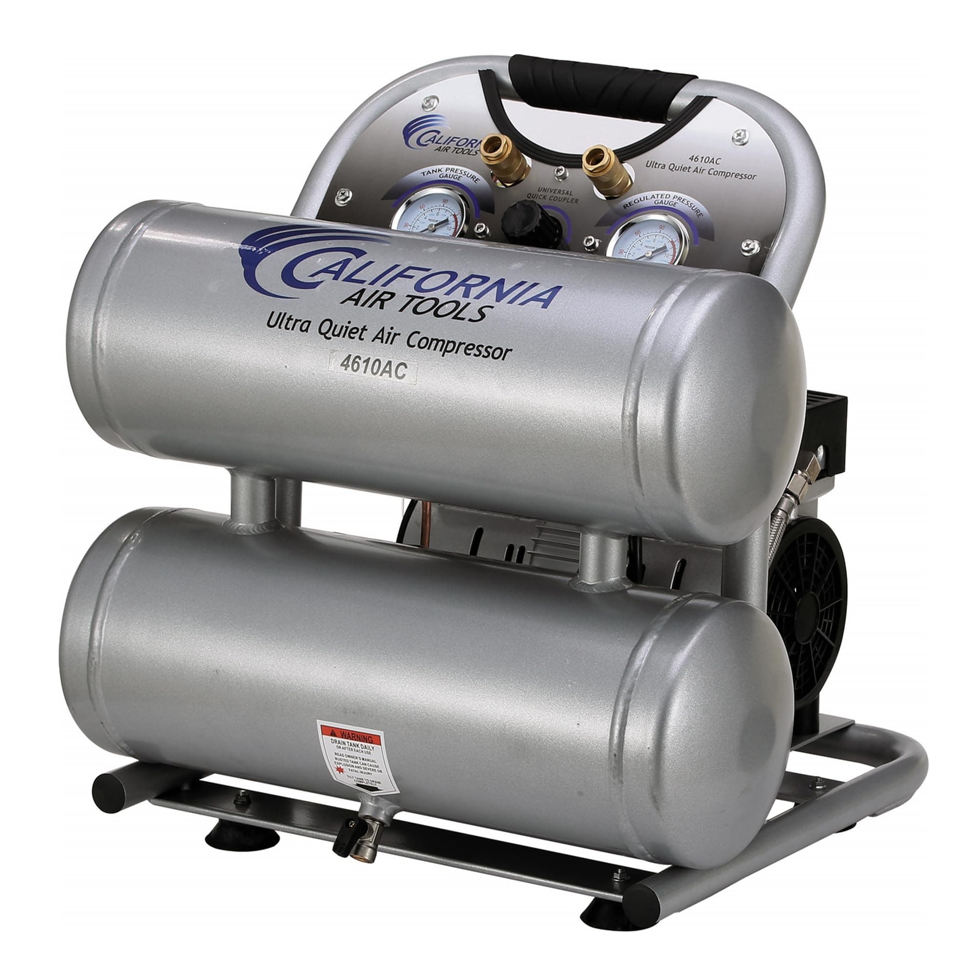 California Air Tools CAT-4610AC Ultra Quiet & Oil-Free 1.0 hp 4.6 Gallon Aluminum Twin Tank Electric Portable Air Compressor, Silver