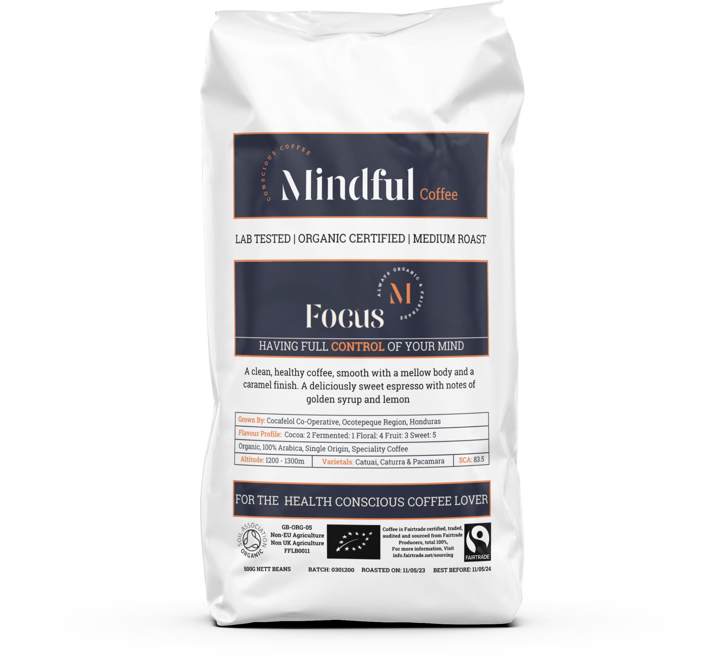 Mindful Coffee - Focus 500g| Organic Clean Coffee Beans | Lab Tested - Mycotoxin Free| Freshly Roasted |Single Origin Speciality|Whole Beans