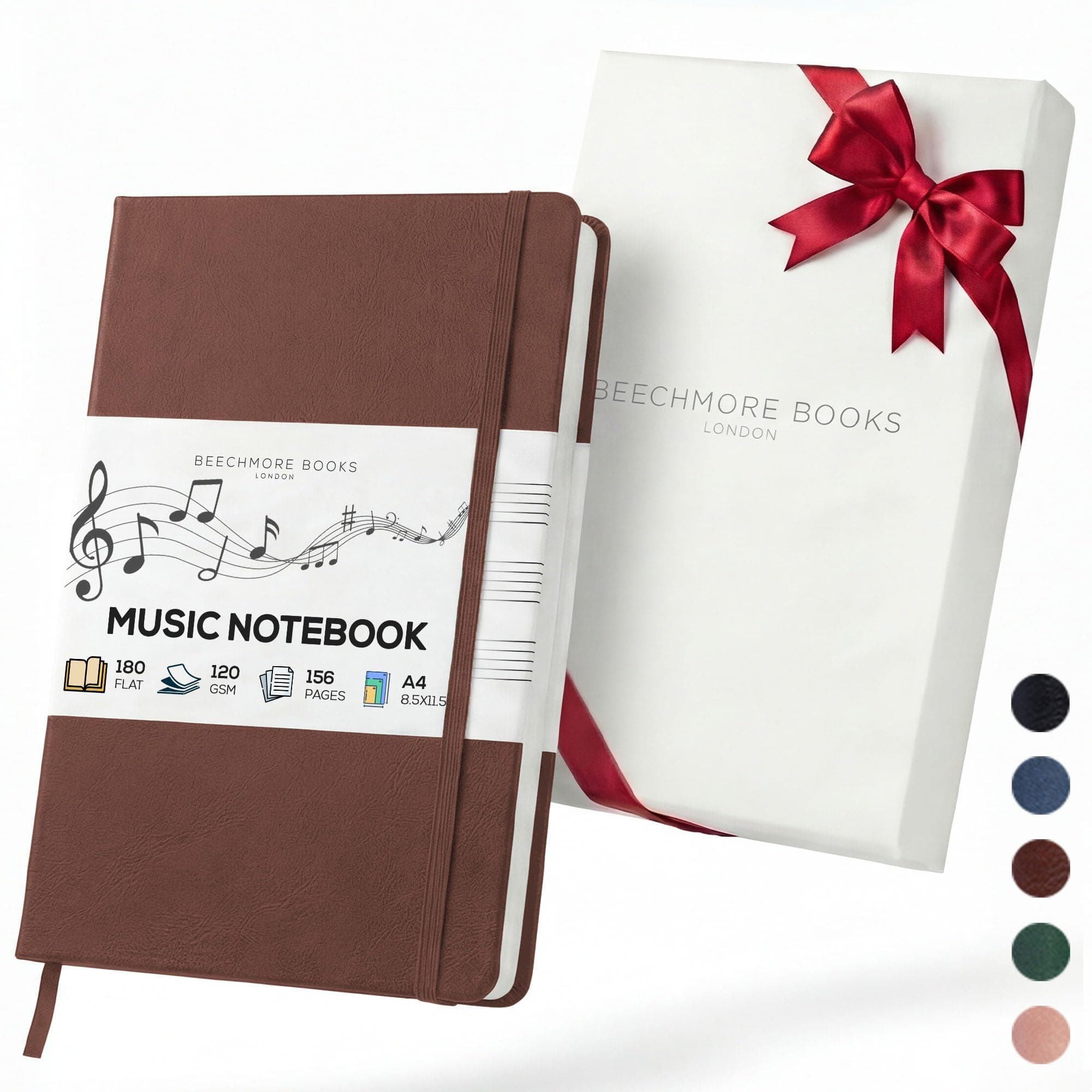 Beechmore Books Blank Sheet Music Notebook – A4 8.5x11.5 for Songwriters, Musicians & Composers, 156 Thick 120gsm Pages, 10-Staff Perforated Sheets, Vegan Leather Hardcover, Elastic Closure, Gift Box