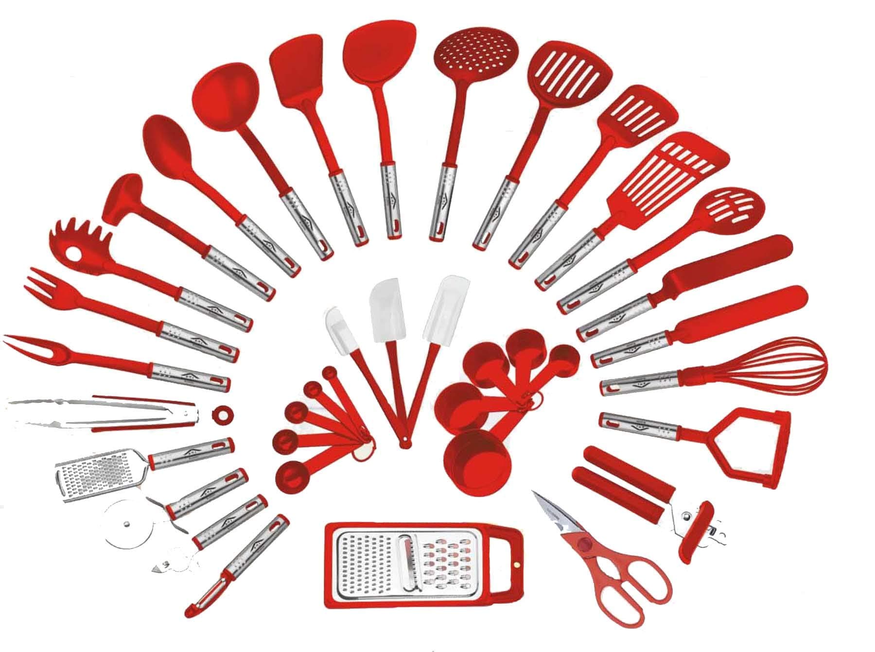 38-piece Kitchen Utensils Set Home Cooking Tools Gadgets Turners Tongs Spatulas Pizza Cutter Whisk Bottle Opener, Graters Peeler, Can Opener, Measuring Cups Spoons (Red)