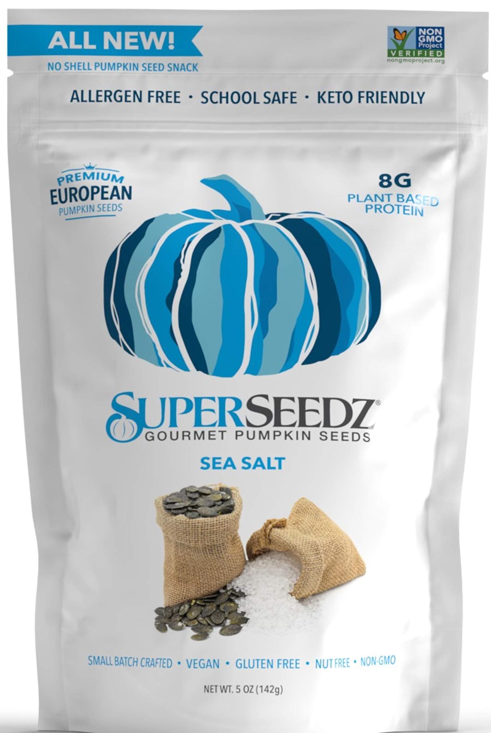 SuperSeedz Dry Roasted Pumpkin Seeds with Sea Salt – 8g Protein, Non-GMO Gluten-Free, Keto Snacks – Nut Free & School Friendly Organic Pumpkin Seeds – 5oz Bag Large European No Shell Pepitas