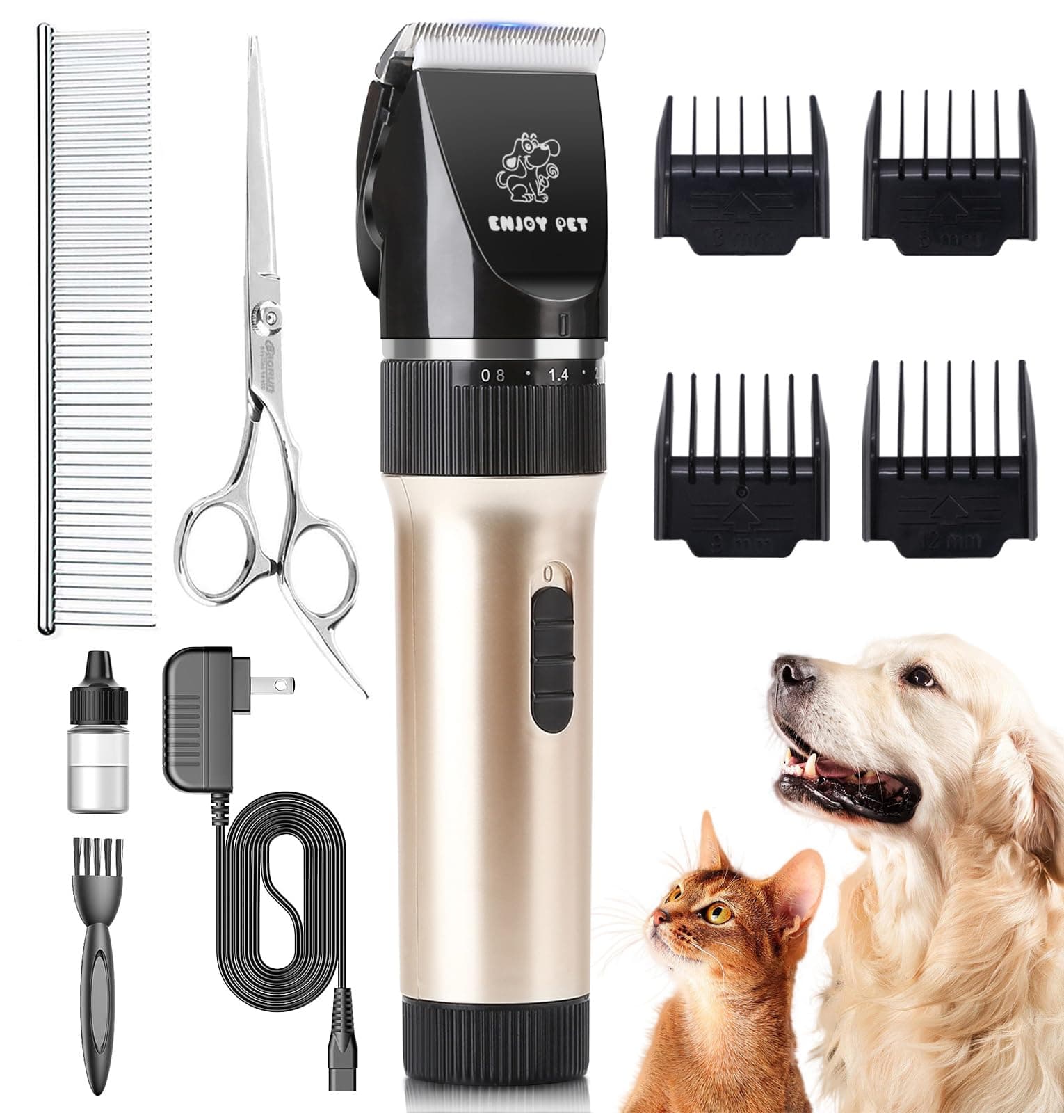 ENJOY PET Dog Clippers Cat Shaver, Professional Hair Grooming Clippers Detachable Blades Cordless Rechargeable, Pet Clipper Kit With Scissor, Combs, Guards For Dog Cat, Quiet Animal Clippers (Gold)