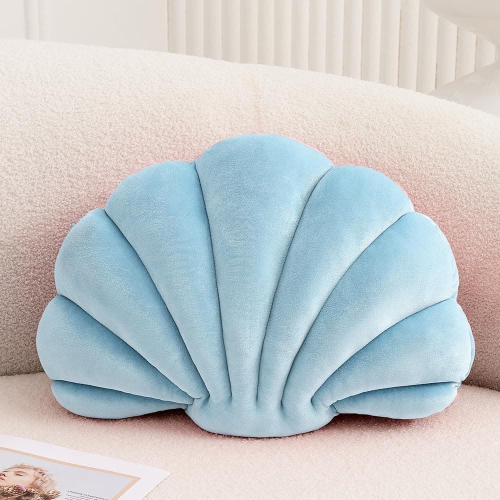 Seashell Decorative Pillow Shell Throw Pillow 3D Insert Beach Pillow Soft Velvet Pillow Nautical Decor Couch Bed Pillow Cushion (Blue, 14 x 11 inch)