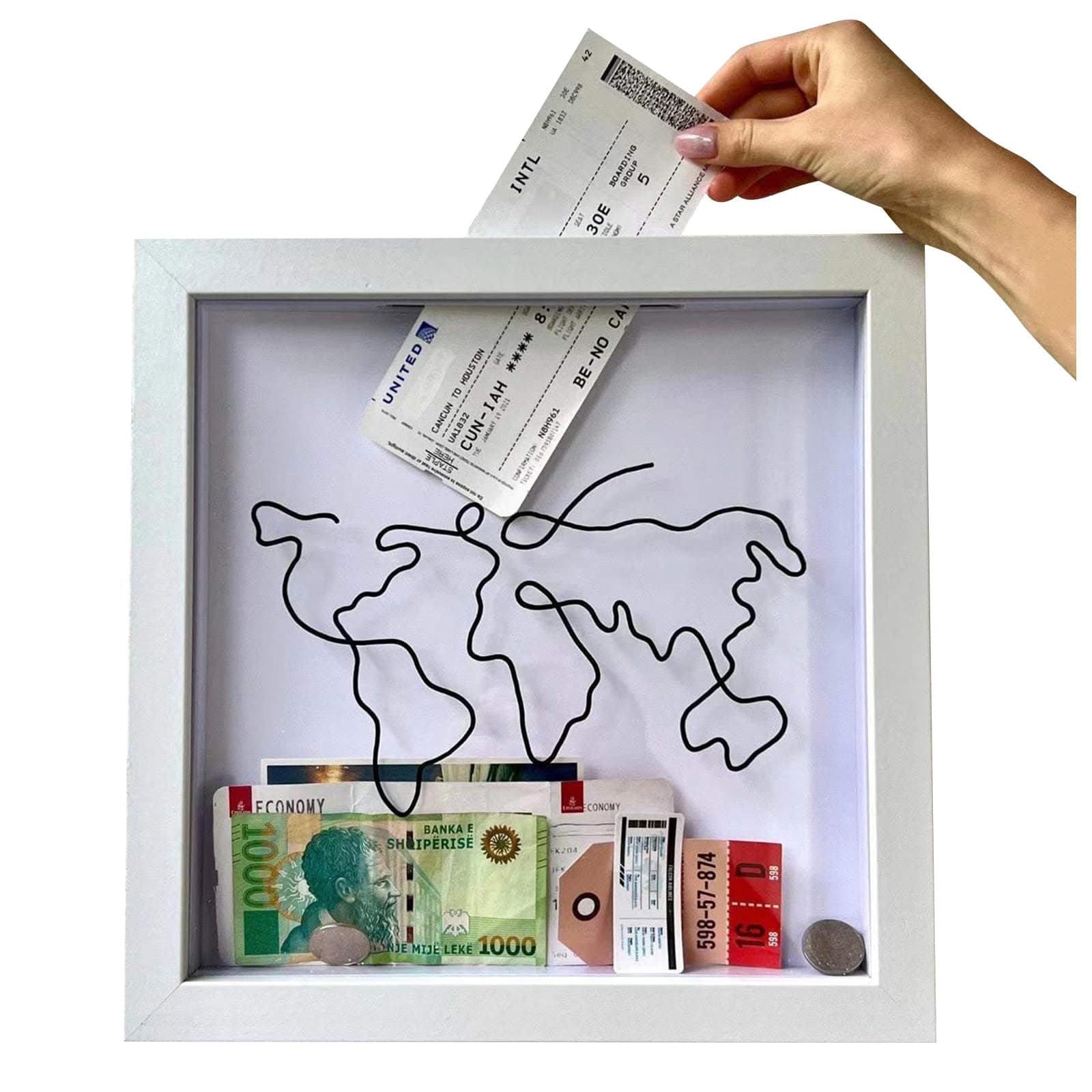 Travel Box for Memories, Adventure Archive Box, Small Shadow Box Frame, Travel Shadow Box with Slot Map, Travel Ticket Memory Box, World Map and Plane Design for Every Souveni (A, 8in)