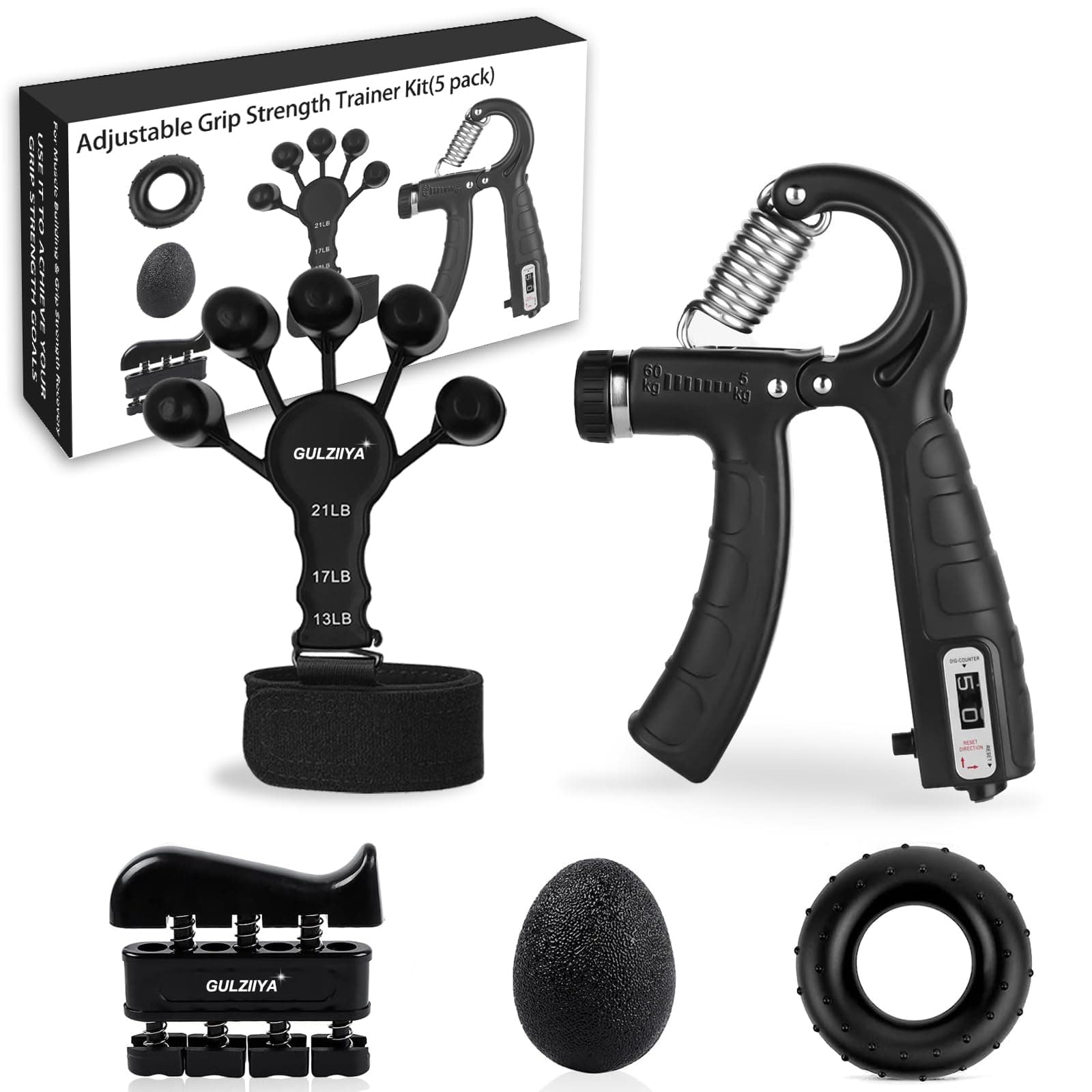 Hand Grip Strengthener Kit (5 Pack) with Finger Exerciser, Hand Grip Strengthener, Hand Extension Exerciser, Adjustable Resistance Hand Gripper, Stress Relief Ball and Forearm Workout Ring for Men and