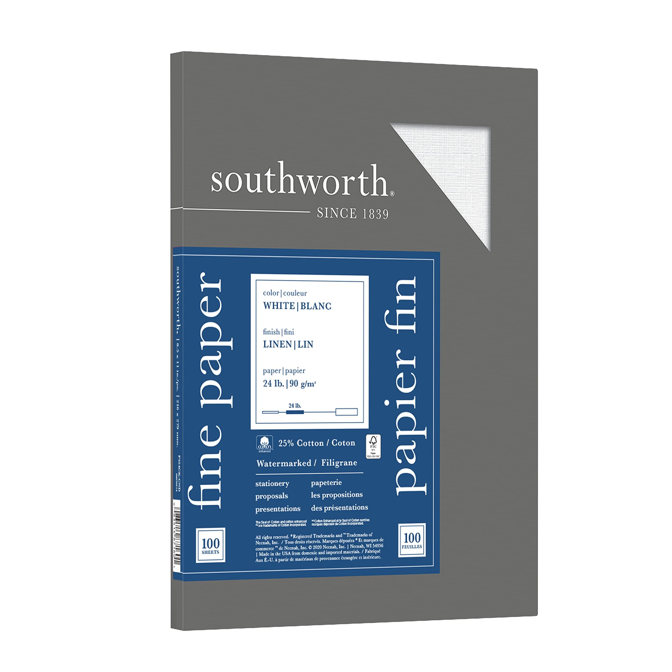 Southworth 25% Cotton Business Paper, 8.5” x 11", 24 lb., Linen Finish, White, 100 Sheet (P554CK)