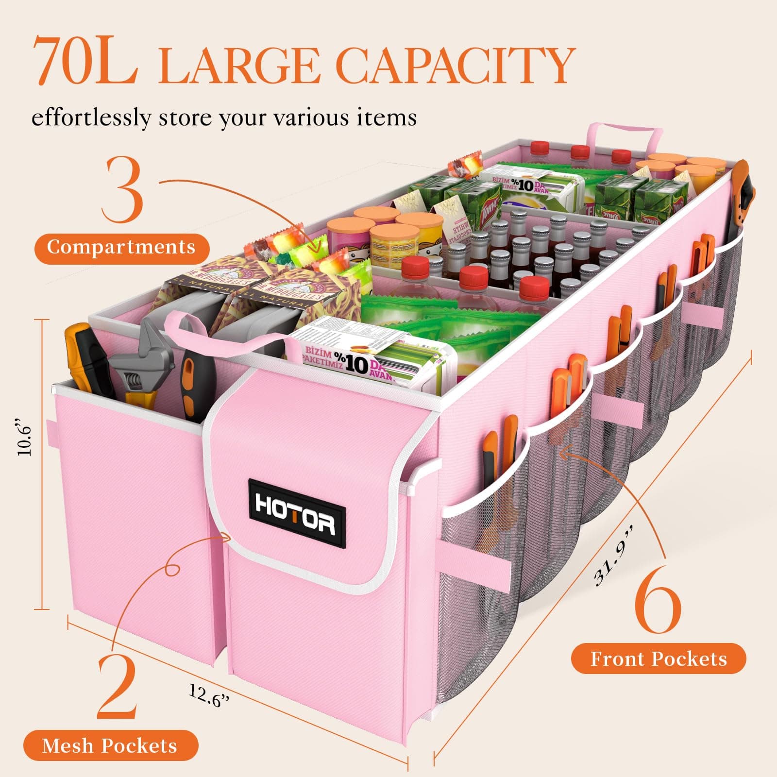 HOTOR Trunk Organizer for suv - Car Organizer, Foldable Trunk organizer for SUVs & Sedans, Sturdy Car Organization for Car Accessories, Tools, Sundries, Pink, 3 Compartments, 31.9"×12.6"×10.6"