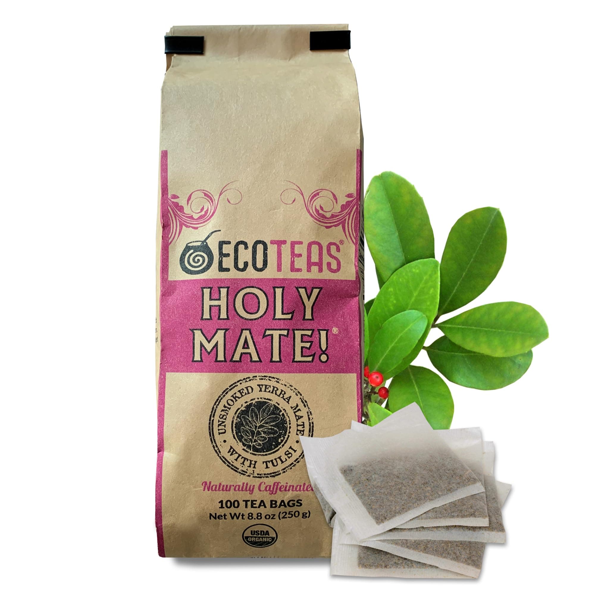 ECOTEAS Holy Mate! Organic Yerba Mate Tea Bags with Tulsi & Mint – Natural Energy, Detox Herbal Tea, Stress Support – Kosher, Non-GMO, Gluten-Free - 100 Bulk Bags, 8.8 oz (Pack of 1)