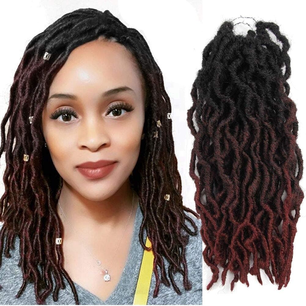 12" Goddess Locs Crochet Braids Ombre Burgundy Goddess Faux Locs Crochet Hair Curly Dreadlocks Synthetic Braiding Hair Extensions (12" 6packs 1B/BUG)