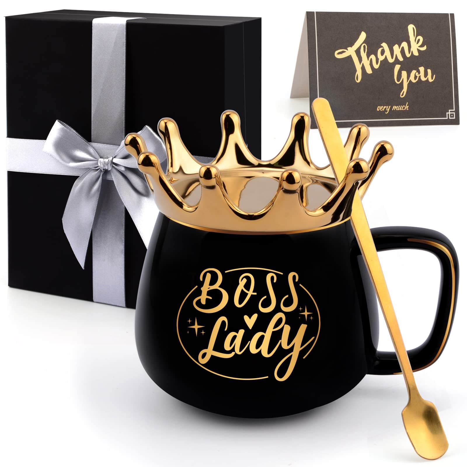 Boss Lady Gifts for Women wiht Crown Coffee Cup Birthday Christmas Gifts for Managers Female, Funny 12oz Thank You Boss Appreciation Gift Boss mug With Spoon (Ceramic)