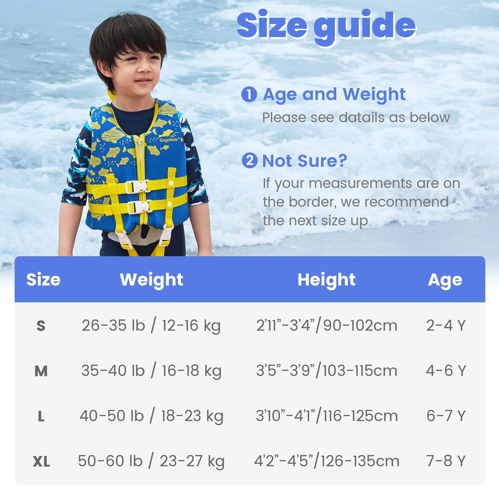 Gogokids Kids Swim Vest with Dual Adjustable Strap, Toddler Swim Vest for Kids 20-30-40-50-60 lbs, Child Swim Jackets for 2,3,4,5,6,7,8 Years Boys Girls