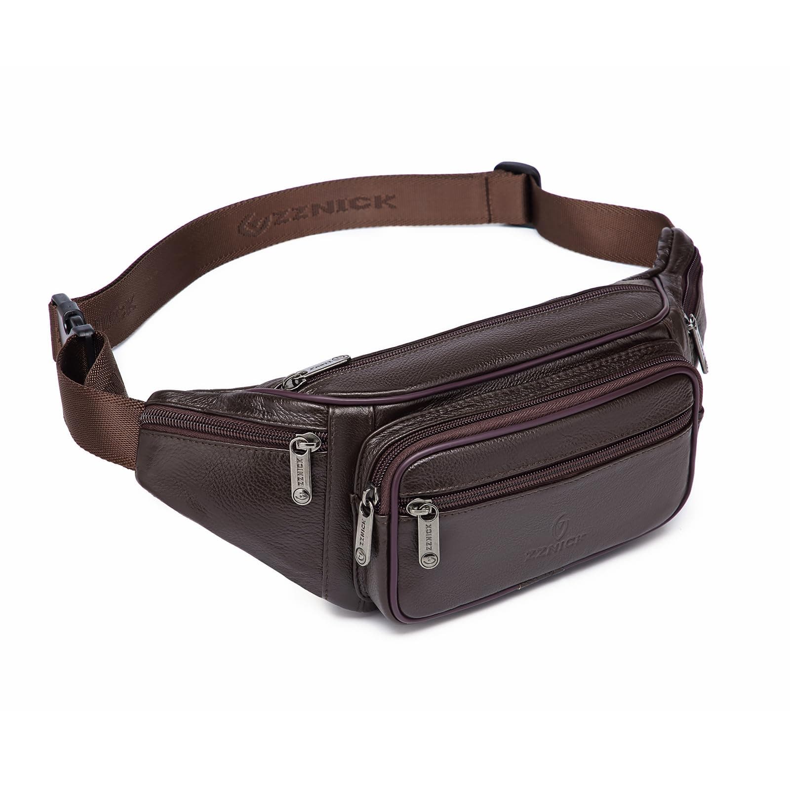 Genuine Leather Fanny Pack/Waist Bag/Organizer with Adjustable Belt, Multiple Pockets For Men and Women, Brown-861 Medium, 14 x 2.5 x 5 inches