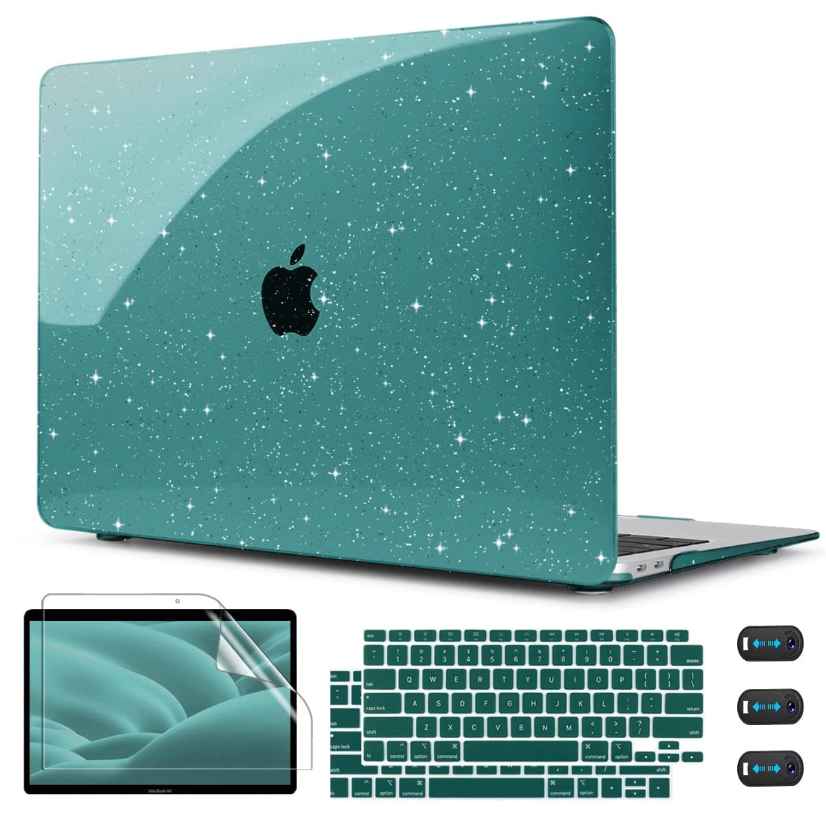 CISSOOK Deep Teal Glitter Case for MacBook Air 13 Inch A2337 M1 A2179 A1932 2021-2018 Release, Sparkly Glitter Hard Shell Case Teal Cover with Keyboard Cover for MacBook Air M1 2021 with Touch ID