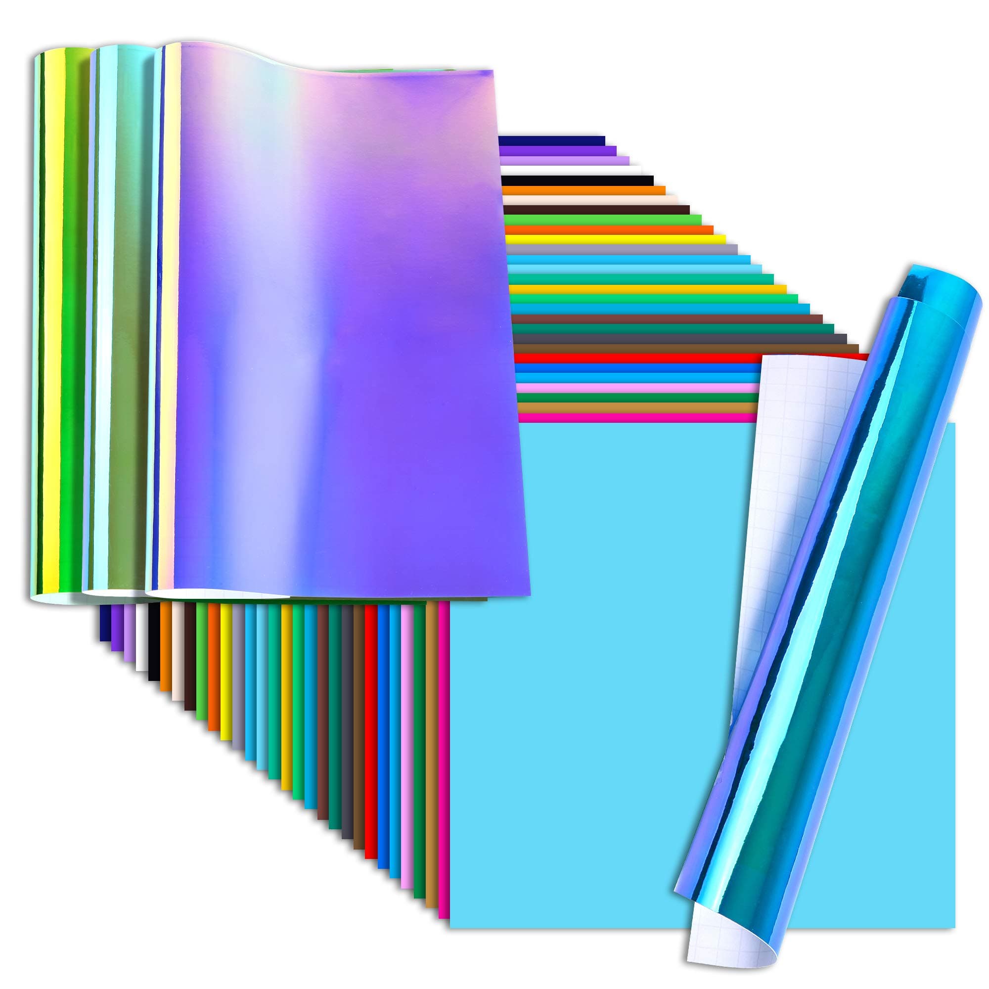 Prime Vinyl 50 Permanent Self Adhesive Vinyl Sheets & 4 Holographic Opal Vinyl Sheets Set, 12" x 12" 40 Assorted Colors Premium Craft Vinyl for Silhouette, Cameo, Cricut, Other Cutting Machines…