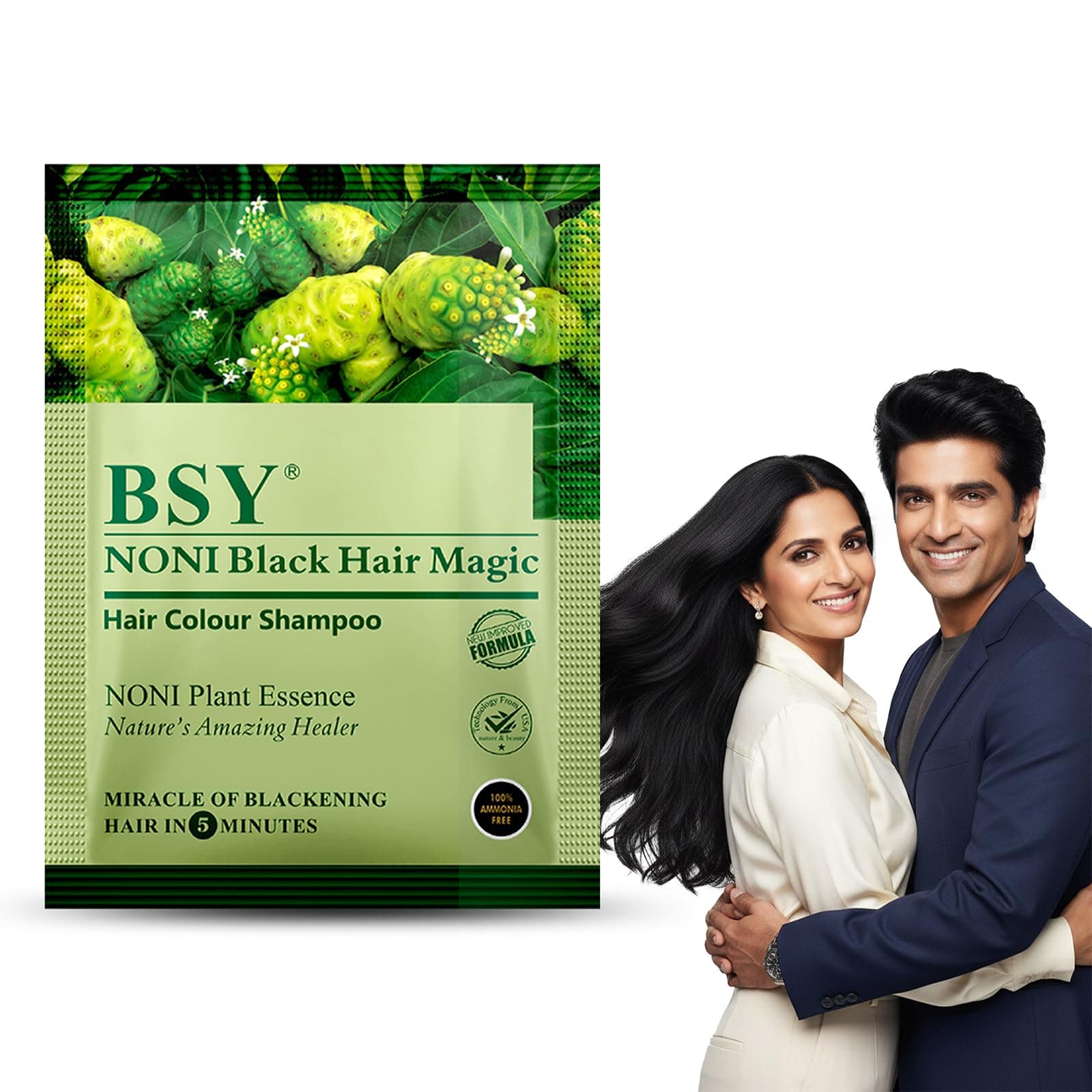 BSY 5-Min 3 IN 1 Natural Hair Color Shampoo Black | Ammonia Free Long Lasting Hair Color_Noni Fruit Extract Based Herbal | No Hair Loss, Grey Coverage Hair Dye Shampoo for Women & Men (12ml-12 Sachet)