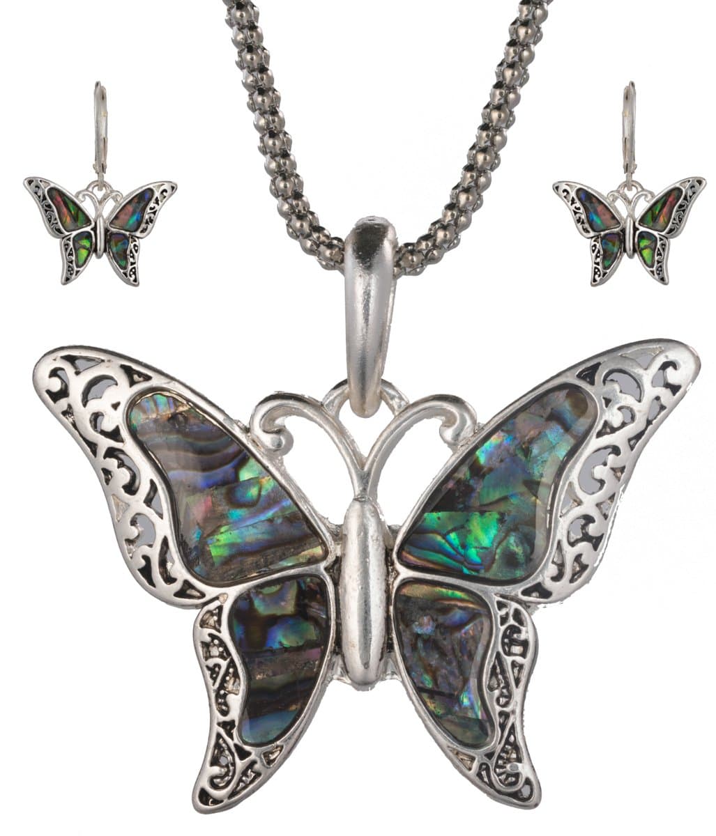 JNXGreen Imitation Abalone Butterfly Pendant with Popcorn Chain Necklace with Matching Earrings