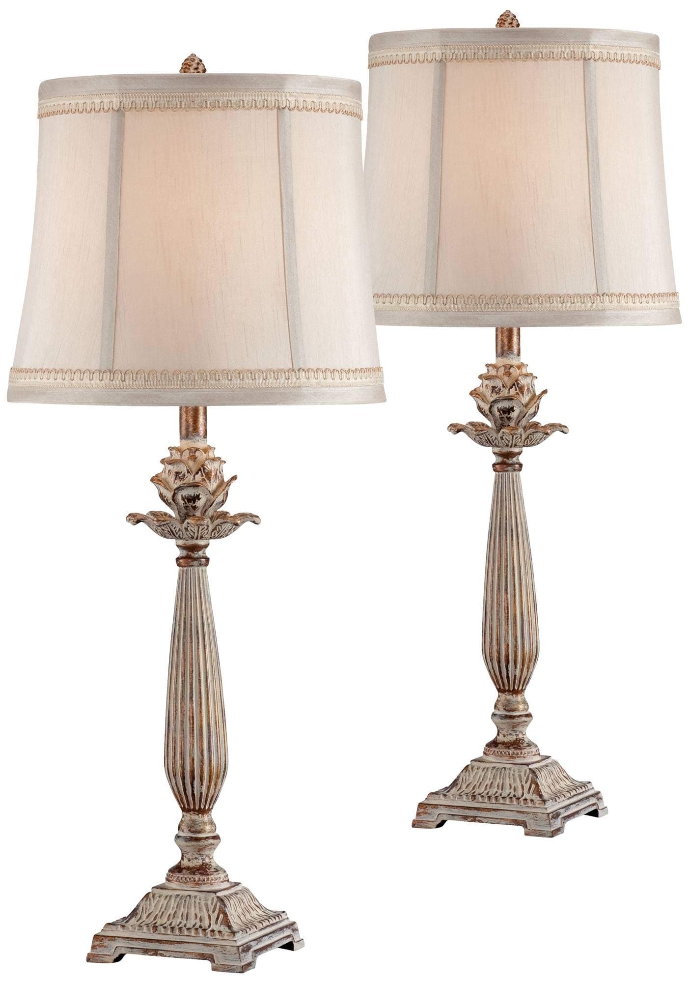 Shabby Chic French Country Table Lamps 28" Tall Set of 2 Antique White Washed Petite Artichoke Font Beige Fabric Bell Shade for Cottage Core Living Room Bedroom House Bedside Nightstand