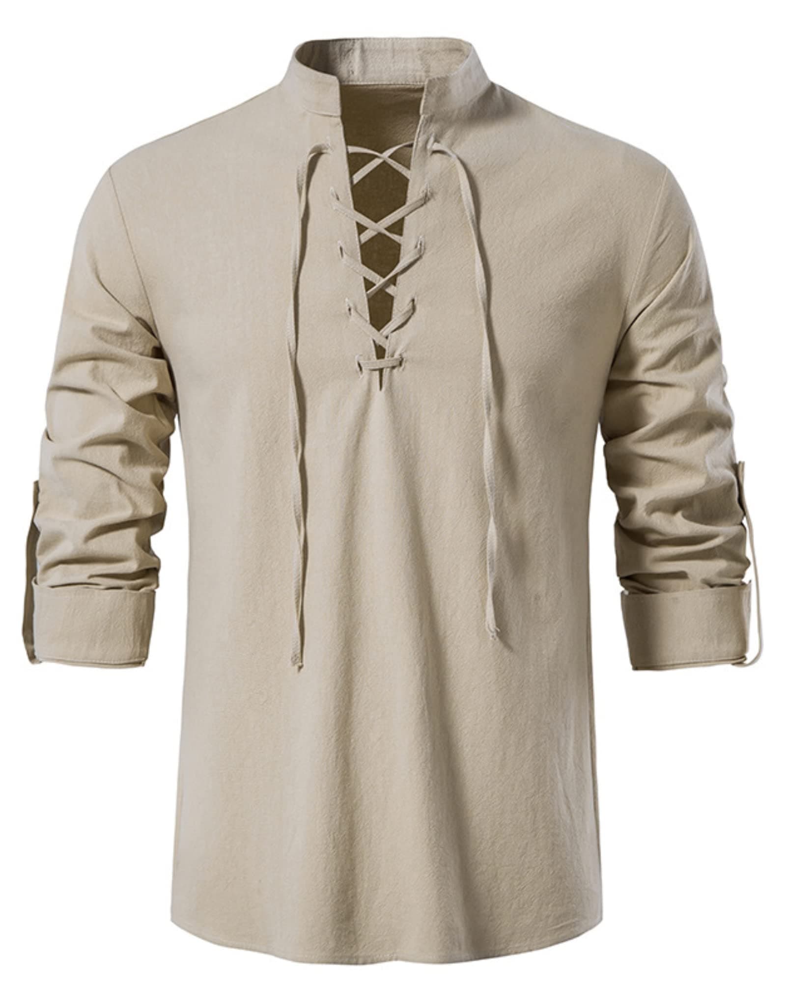 Linen Shirt Men Classic Medieval Lace Up Long Sleeve Retro Viking Tops Pirate Costume Scottish Ghillie Shirt