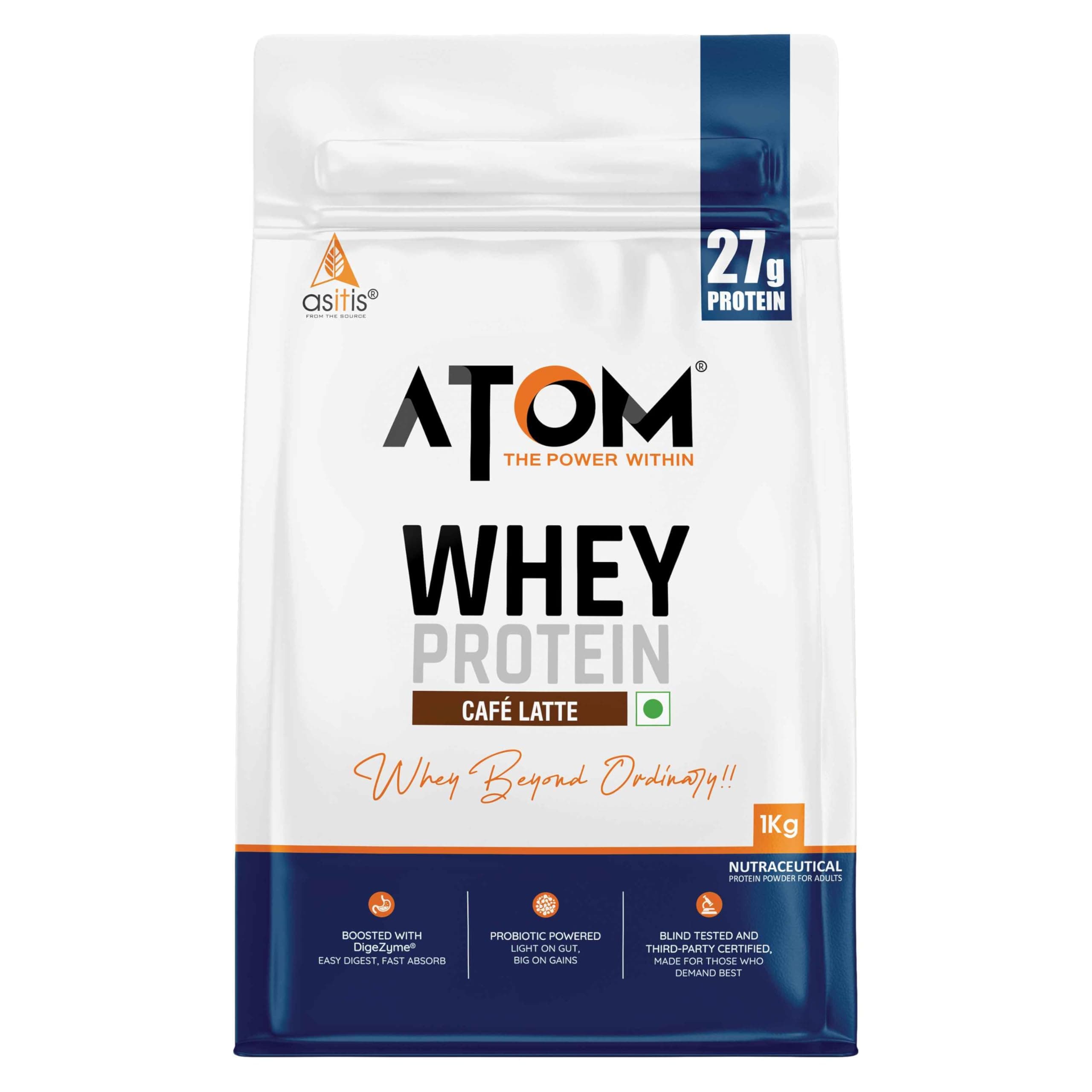 AS-IT-IS ATOM Whey Protein 1kg | 27g protein | Isolate & Concentrate | Cafe Latte | USA Labdoor Certified | With Digestive Enzymes for better absorption
