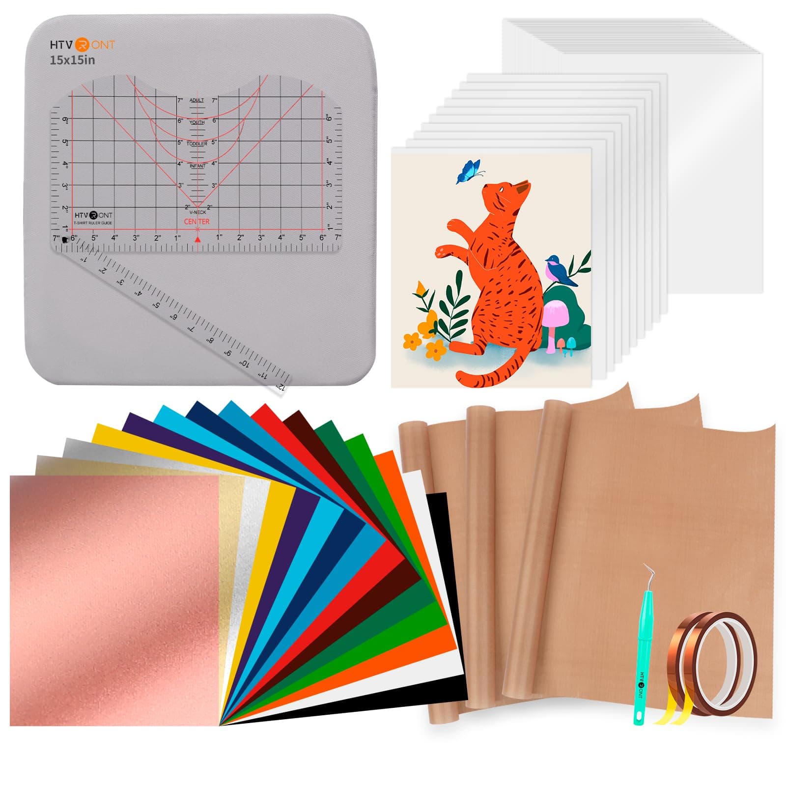 HTVRONT Heat Press Accessories - 55 Pack Supplies for 15x15 Machine, T-Shirt Heat Press Starter Kit with Vinyl & Sublimation Bundle, Tools & Mat