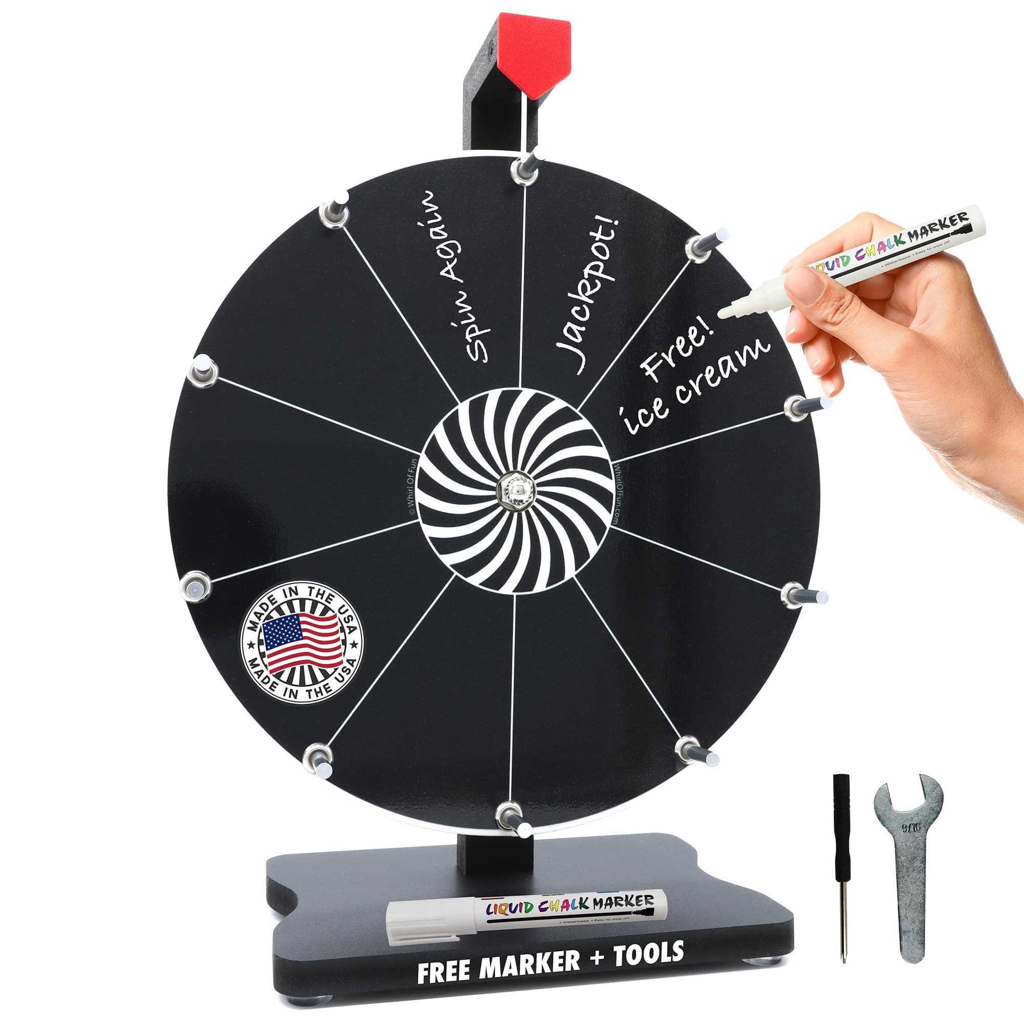 Whirl of Fun12 inch Black Prize Wheel - Spinning Wheel for Prizes with Stand, 10 Slots, Customize Erasable Dry Erase Surface, Portable, Tools Included, Made in USA