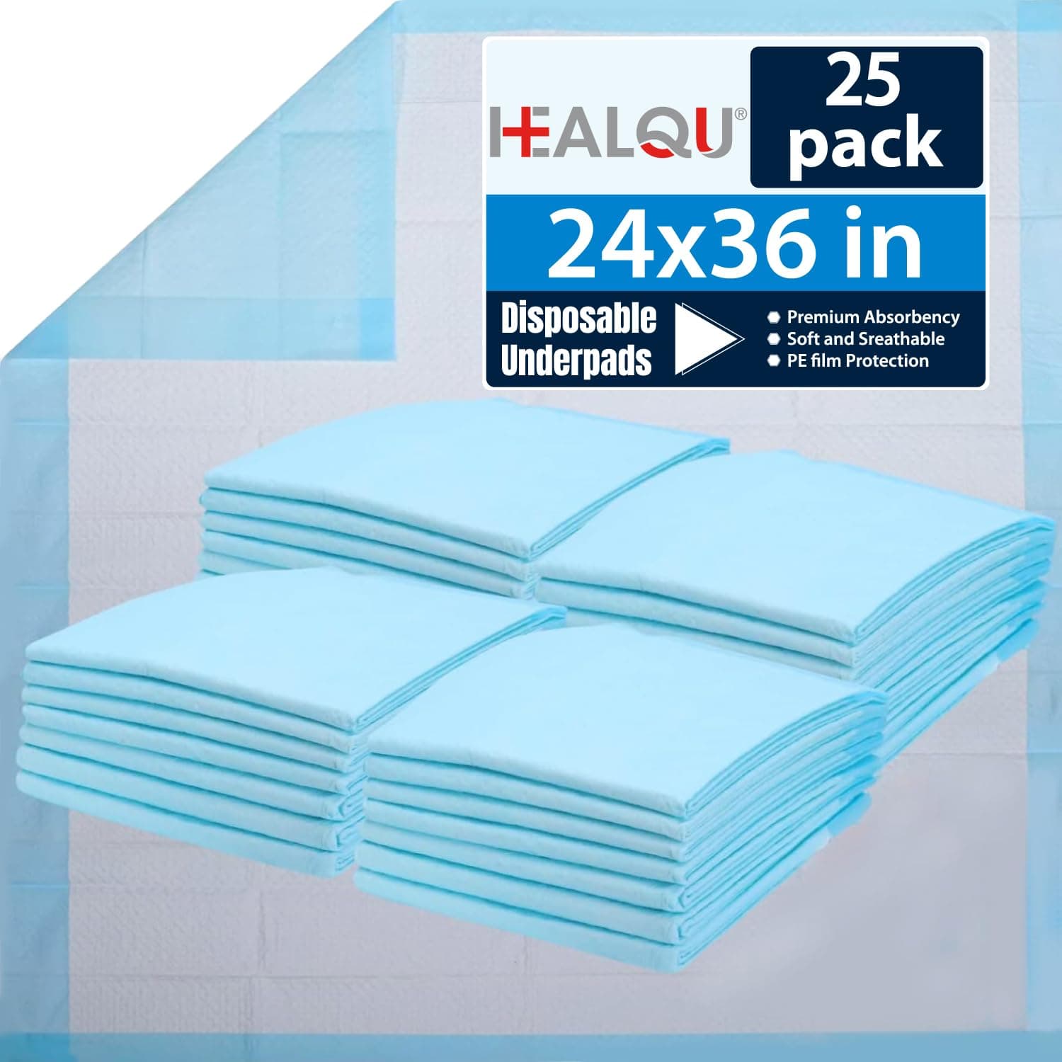 Healqu Disposable Underpads - Incontinence Bed Chux Pads for Adults, Kids, Elderly, and Pets - Fluid and Urine Bed Protection - Large, Super Absorbent Fluff and Polymer (24x36 Pack of 25)