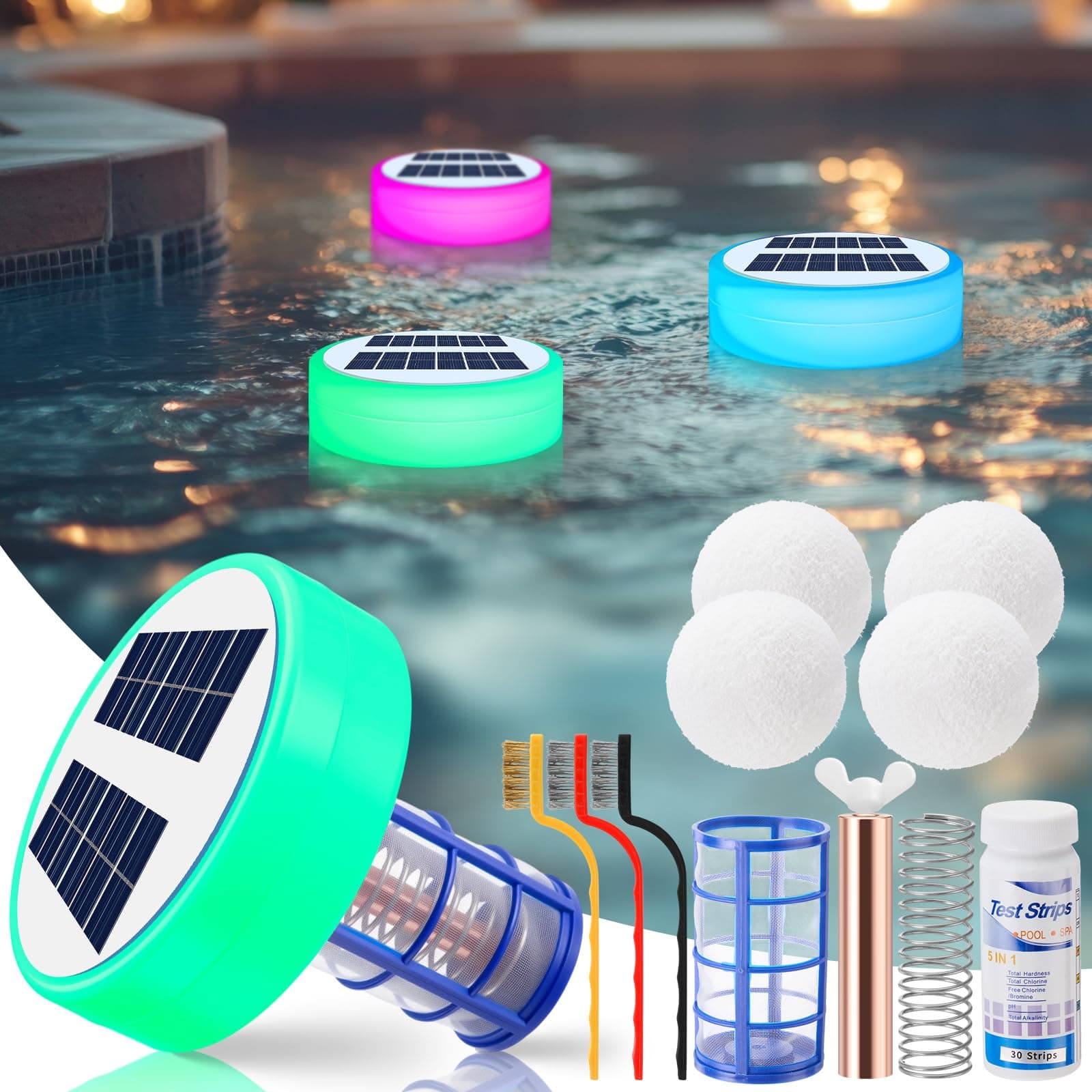 Qualirey Solar Pool Ionizer, Automatic Floating Copper Ionizer to Less Chlorine, Pool Water Purifier with LED Light & Scum Eliminating Balls, for Above Ground & Inground Pools up to 35, 000 Gallons