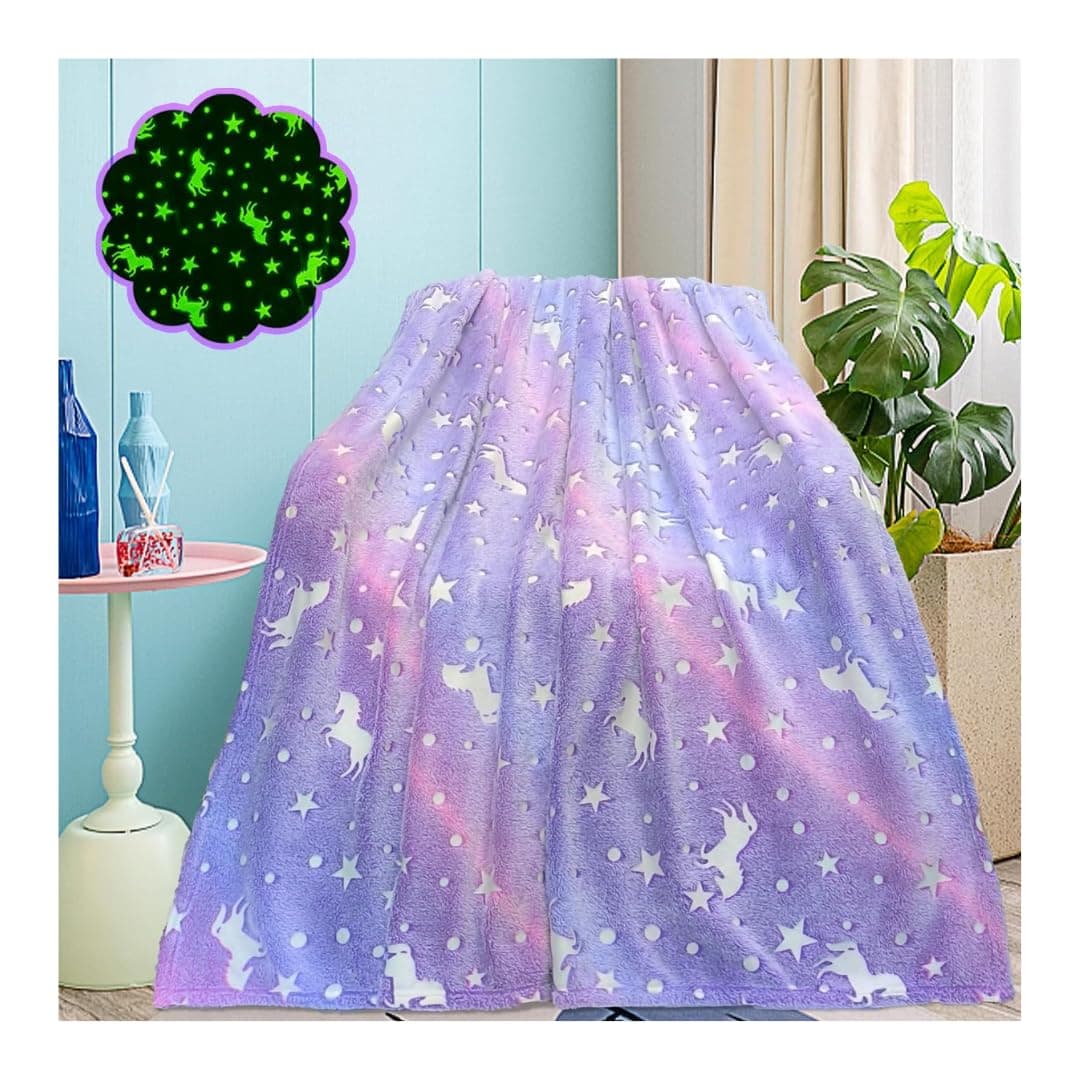 W2S Glow in The Dark Blanket for Kids, Lightweight Soft Cozy All Weather Blanket for 1-10 Years Old Toddlers/Baby. Soft Fleece Blanket 150CM X 180CM (Blanket-Purple-Unicorn)