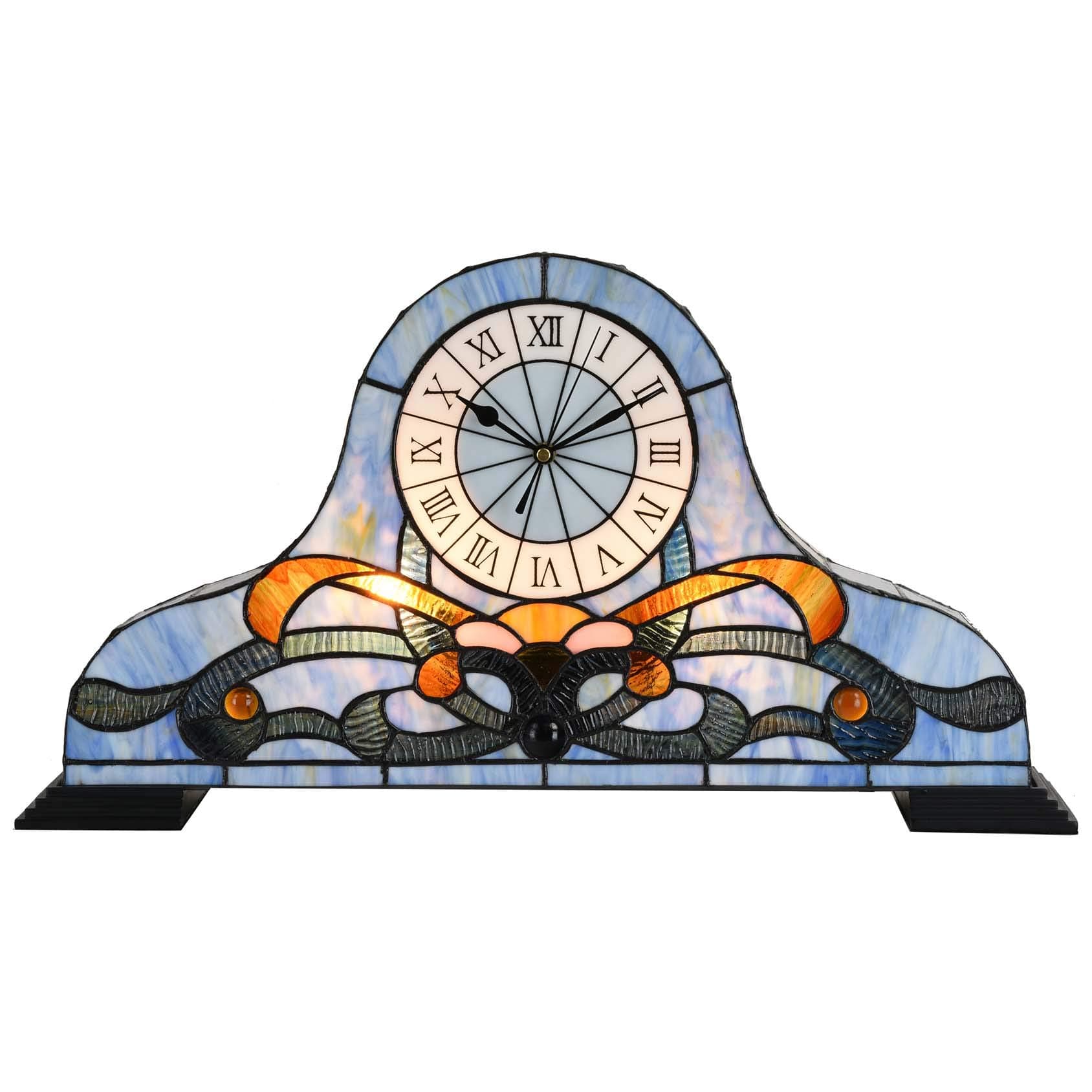Bieye L10661 Baroque Desk Clock Tiffany Style Stained Glass Accent Table Lamp for Living Room Bedside Home Decoration, Night Light with Quartz Watch Inside (Blue)