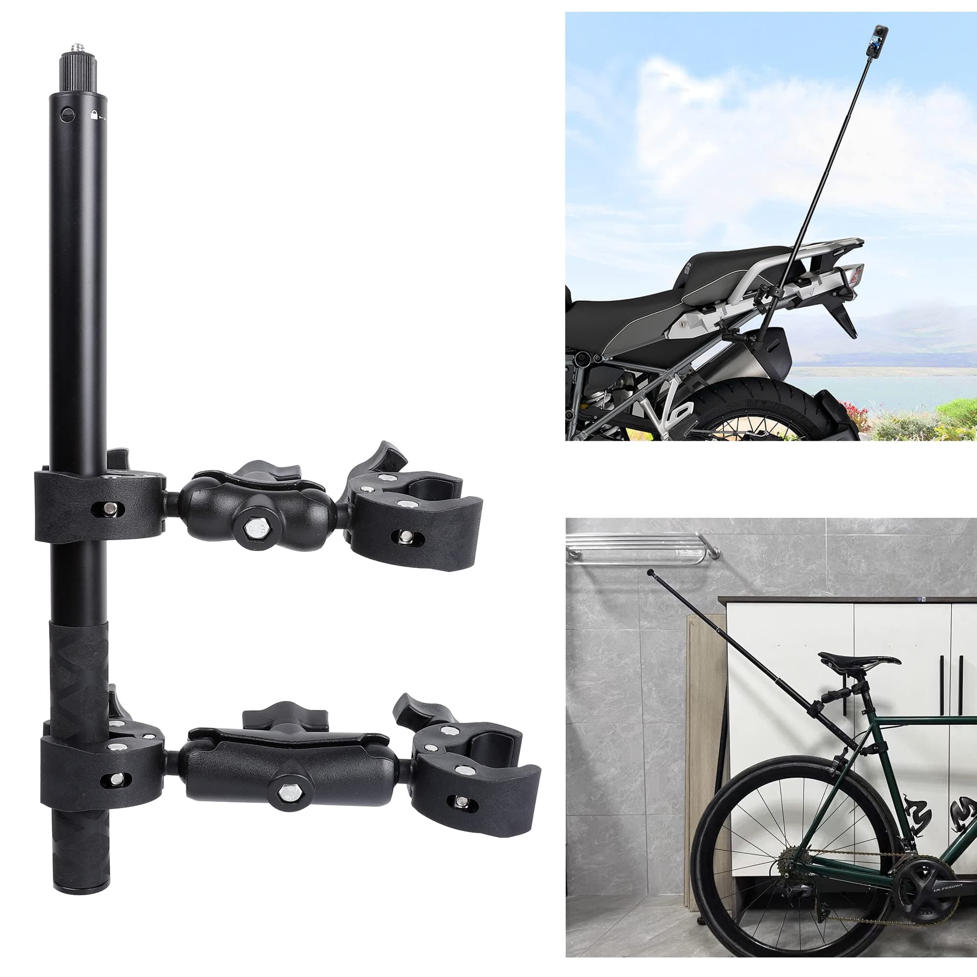 Motorcycle Bike Handlebar Clamp Mount and 61" Invisible Selfie Stick for Insta360 X5 X4 X3 X2 X ONE RS R GO 3 DJI OSMO 360 GoPro MAX 2 Camera