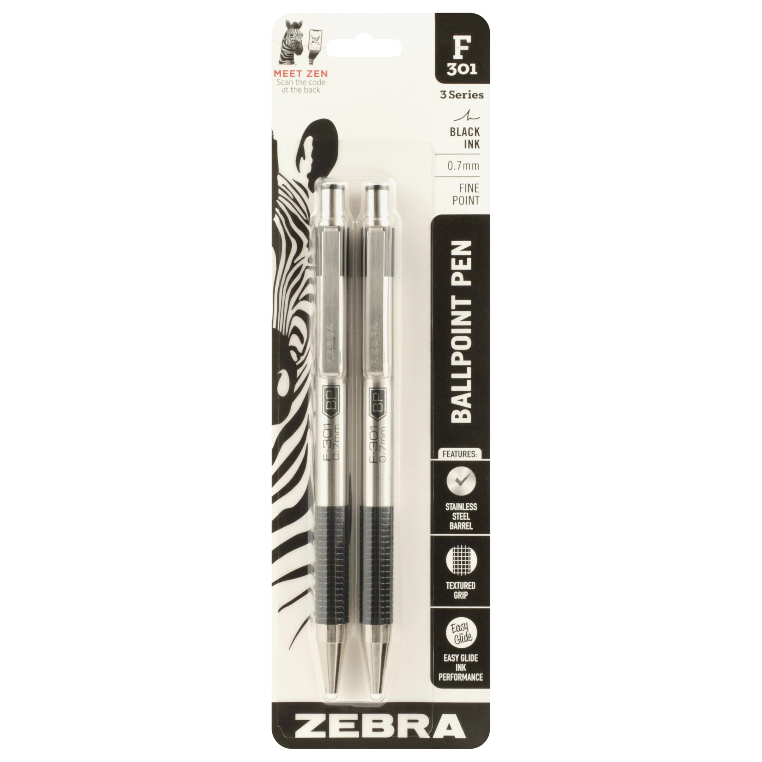 F-301 Ballpoint Black Ink Fine Point 0.7mm Pen, Easy-Glide Ink, Stainless Steel Retractable, Non-Slip Grip, Professional Design, Ideal for Office, Journal and Planner Use, 2-Pack (27112)
