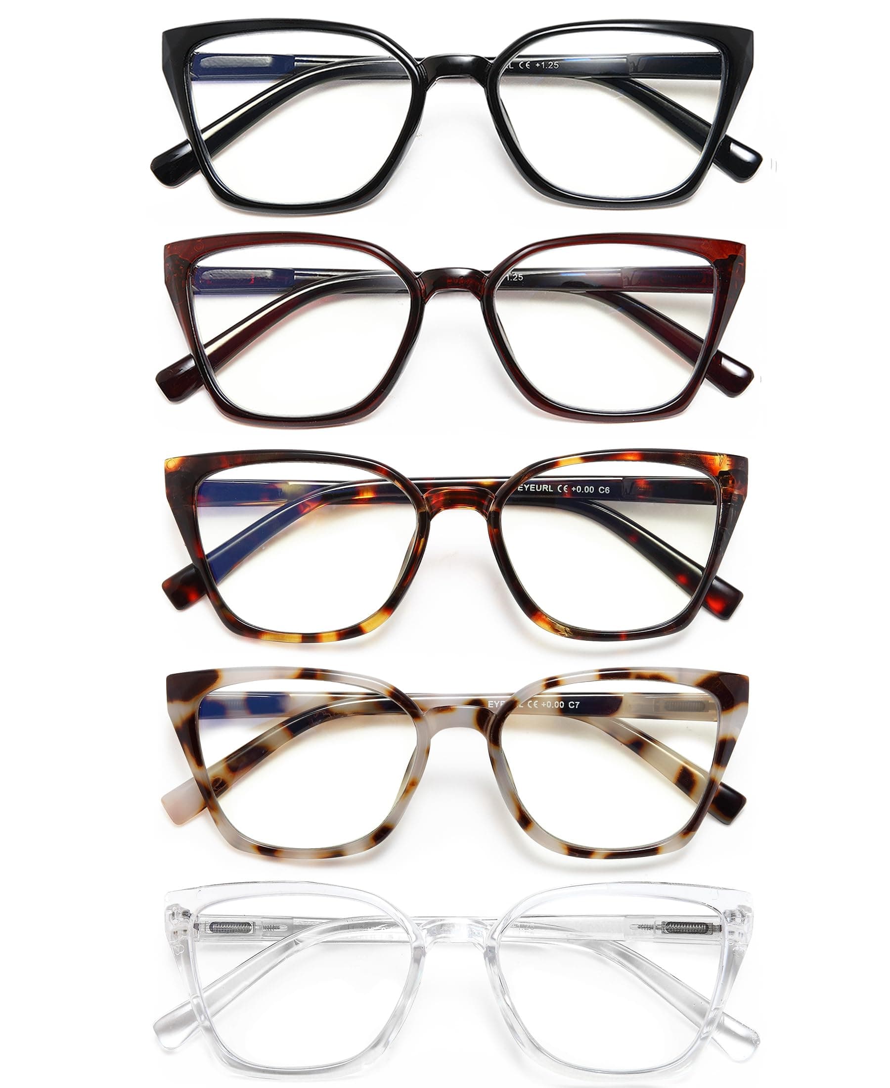 EYEURL Cat Eye Readers for Women - 5 Pack Blue Light Blocking Reading Glasses Ladies +2.50 Fashion Square Frames Magnification with Spring Hinge