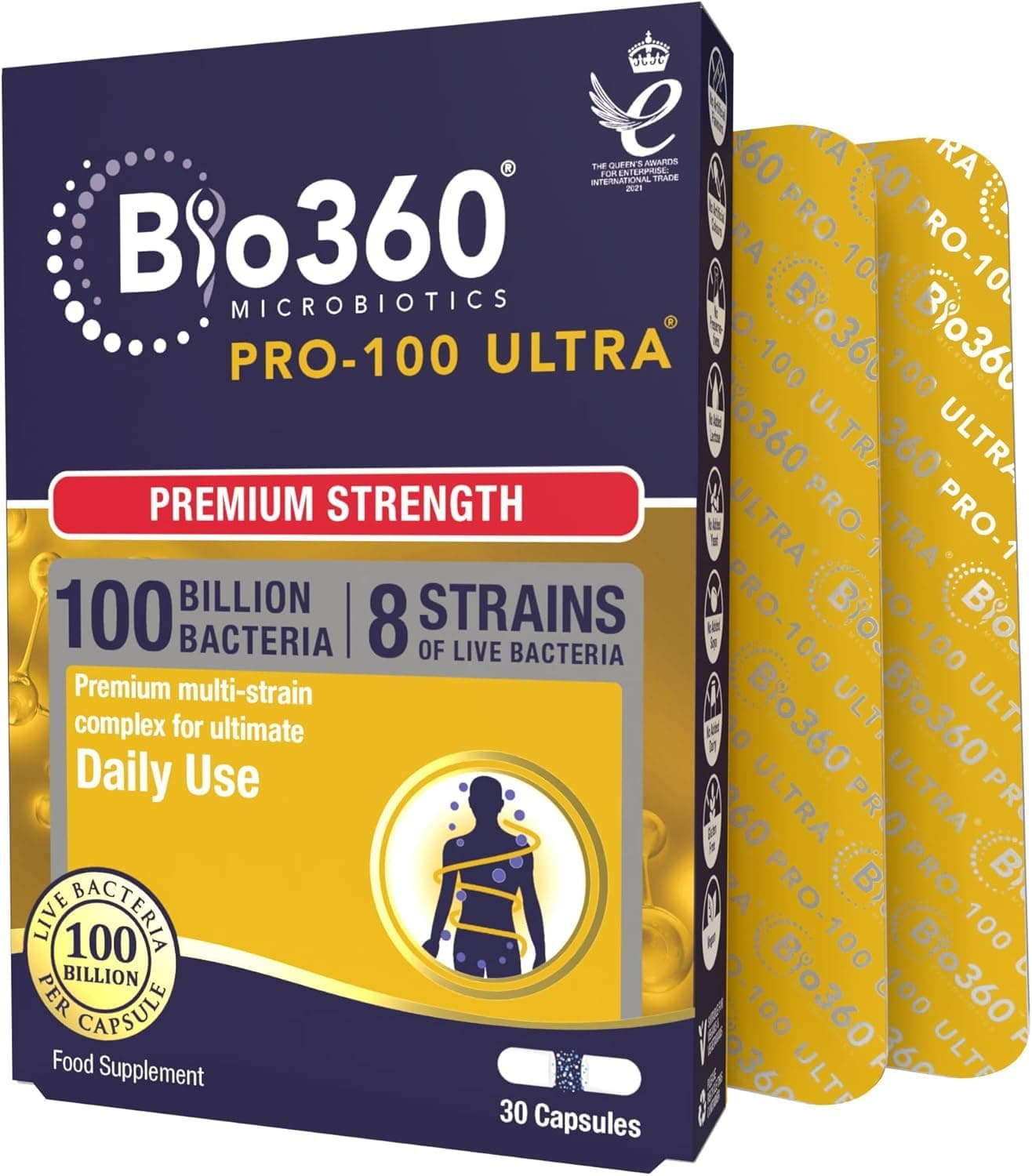 Natures Aid Bio360 Pro-100 Ultra Probiotic 100 Billion Bacteria CFU – High Strength Vegan Supplement Supports Digestive Health, Immunity, Gut Flora & Energy – Gluten-Free, Non-GMO - 30 Capsules