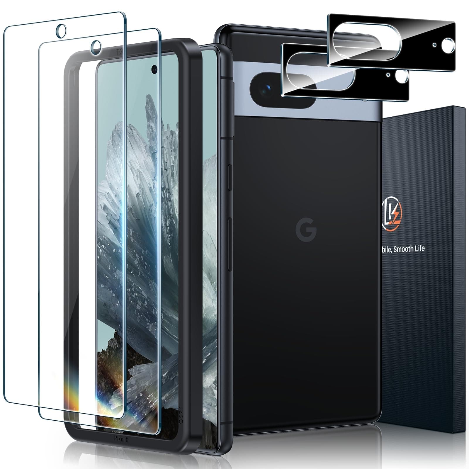 2+2 Pack Screen Protector for Google Pixel 8, 2pcs Tempered Glass Screen Protector & 2pcs Camera Lens Protector for Pixel 8, HD Screen, Anti- Scratch, Easy Installation