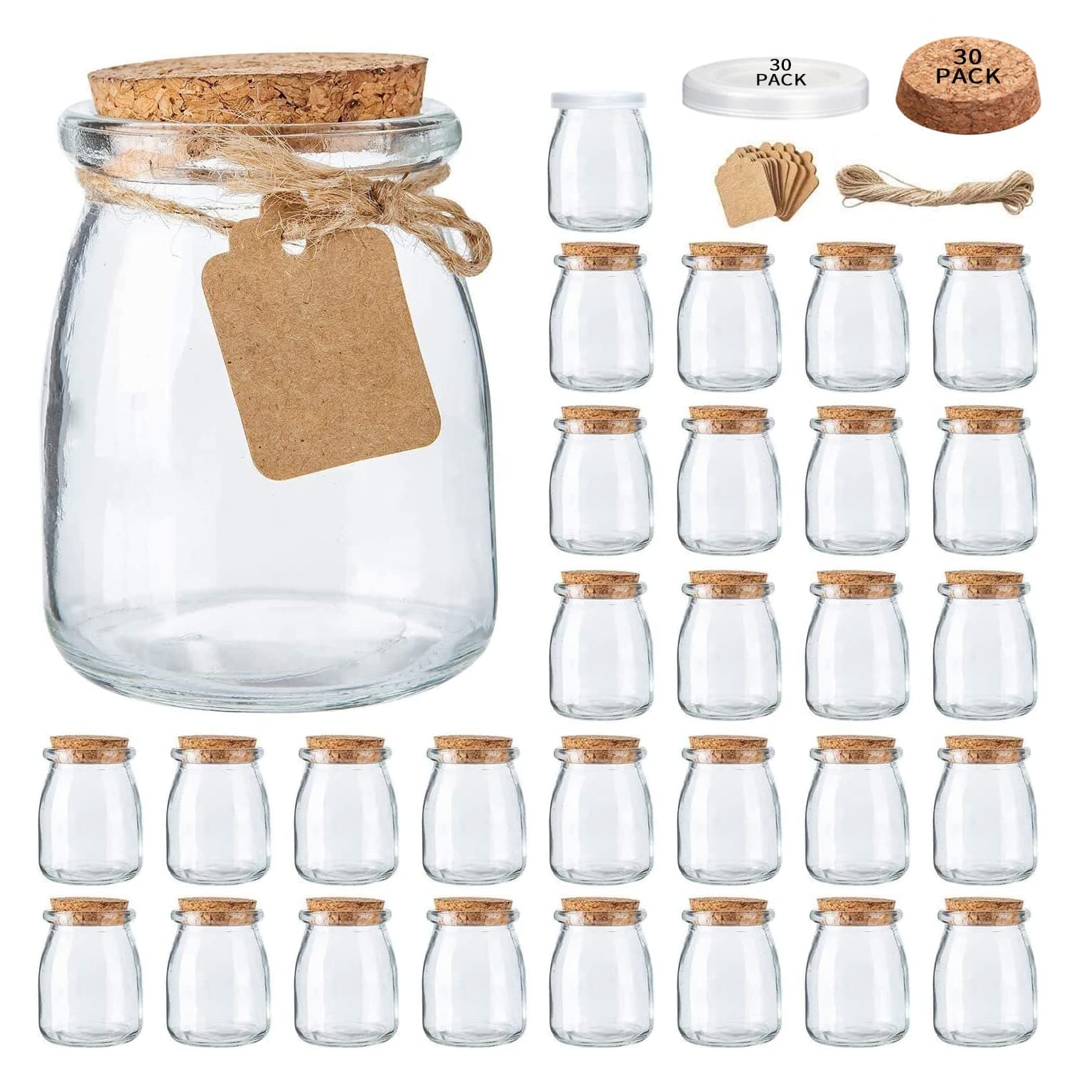 Brajttt 30 Pack Mini Glass Yogurt Jars 200ml with Cork Lid, Glass Jar with Lid, Wedding Gifts, Honey Jar with Tag and String