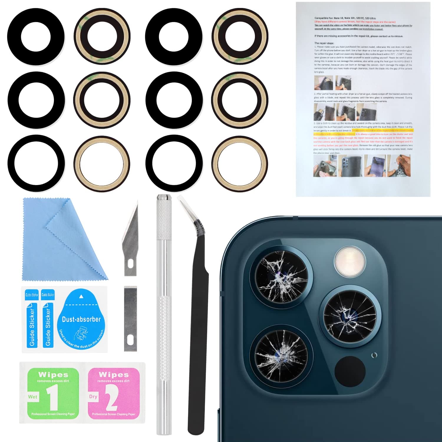 2PCS ASDAWN Back Rear Camera Lens Glass Replacement for iPhone 12 Pro Max 6.7 Inches with Pre-Installed Adhesive, Installation Manual + Repair Tool Set