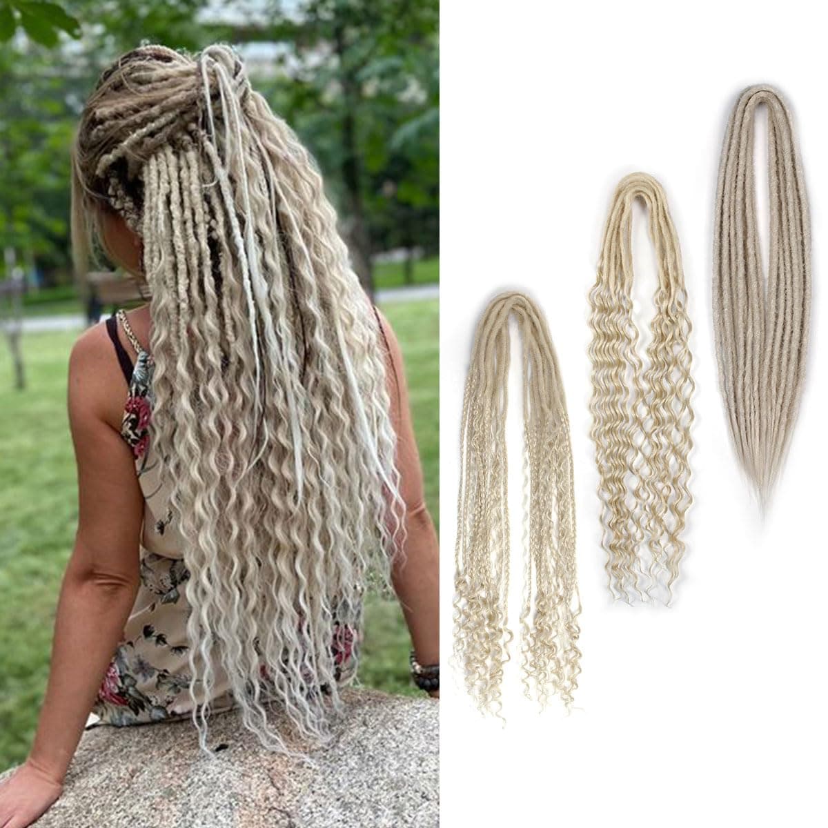 24 Inch Double Ended Dreadlock Extensions Sets, 20 Strands 3 In 1 Mixed Synthetic Dreads Extensions, 613 Blonde Straight&Curly&Boho Handmade Dreads Hippie Style Dreadlocks for Woman