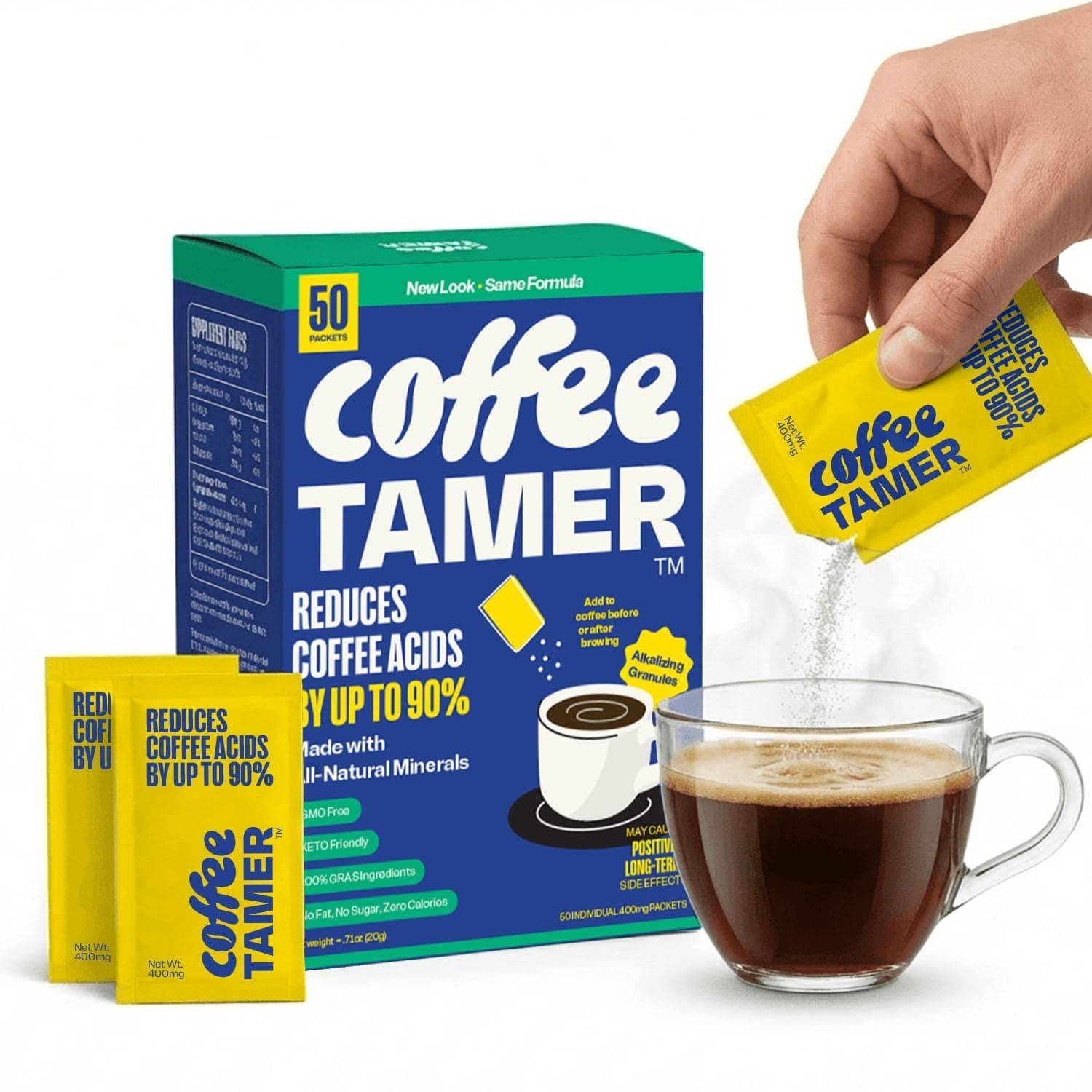 Coffee Tamer Coffee Acid Reducing Granules 50 Pack Box - Reduces Coffee Acids by up to 90% - All-Natural Minerals - Keto Friendy, Sugar Free, Calorie Free, Non-GMO - 50 count 400mg Packets
