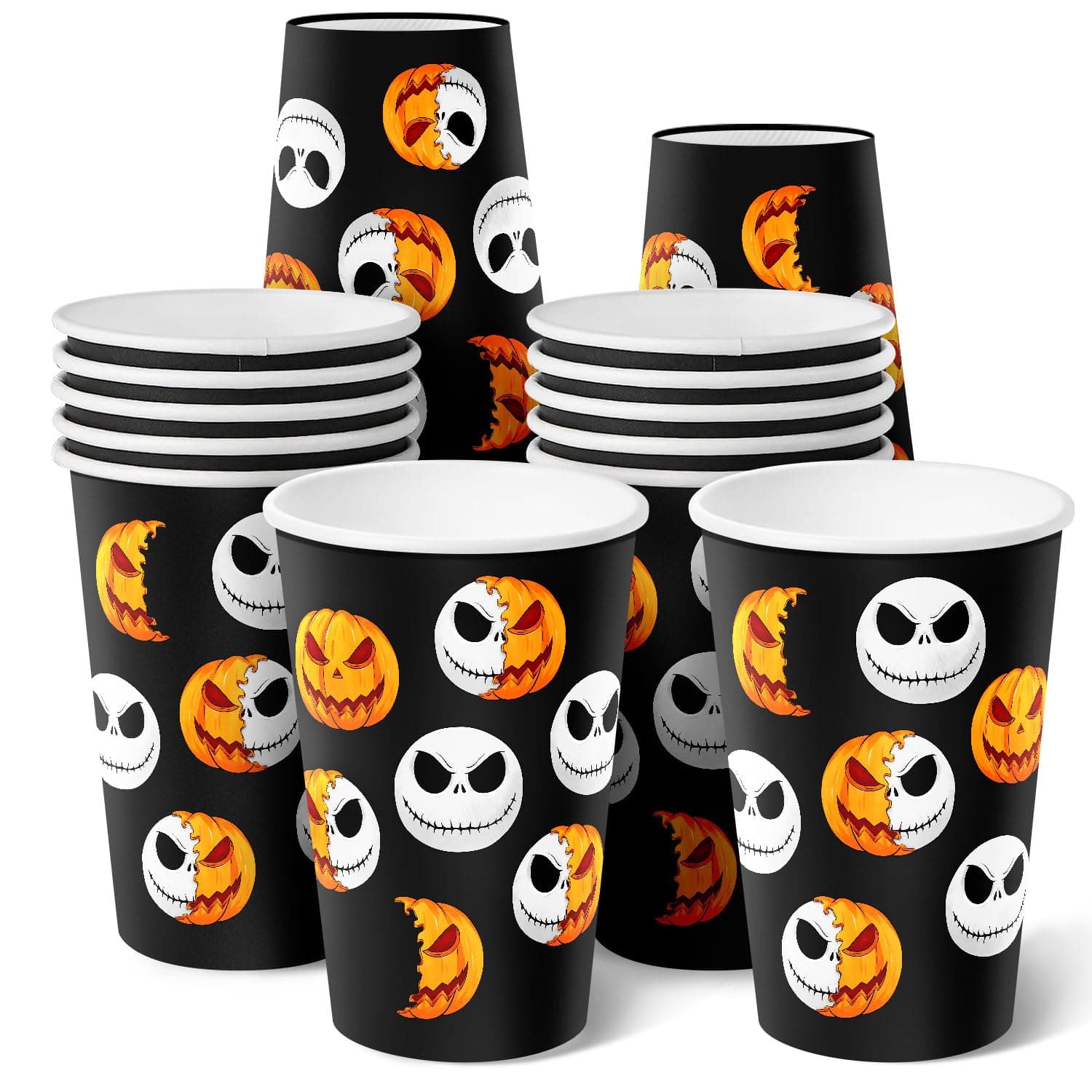 30 Pieces Halloween Cups Disposable, Halloween Party Supplies Disposable Paper Cups, Pumpkins Skull Ghost Cup for Kids Adults Parties Dinner Gatherings Coffee Hot Cold Drinks Black 12 oz