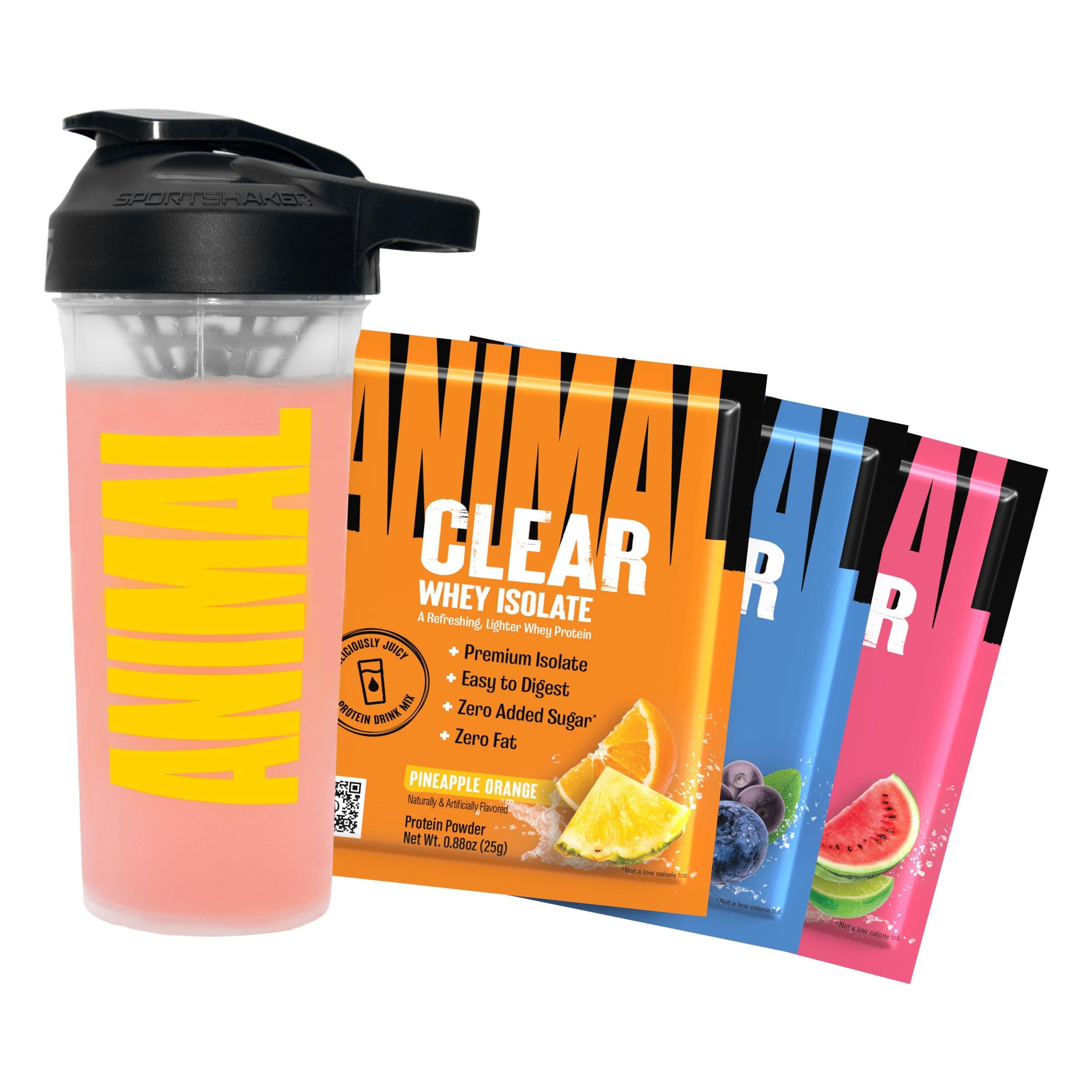 – Clear Whey Protein Isolate Sampler Pack & Shaker Bottle - Deliciously Juicy 20g Protein, Watermelon Limeade, Blueberry Acai, Pineapple Orange, 3 Single-Serving Packets