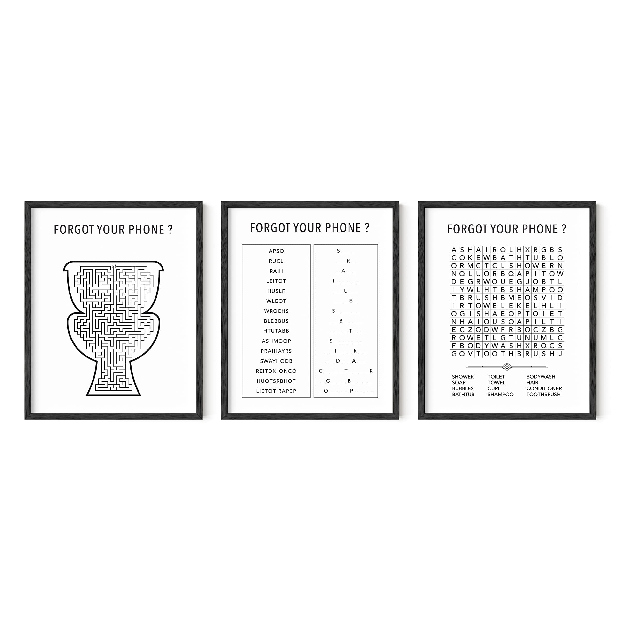 HAUS AND HUESFunny Bathroom Decor Wall Art - By | Set of 3 Funny Bathroom Crossword Puzzle Wall Art, Bathroom Prints & Wall Art for Bathrooms | Funny Forget Your Phone Bathroom Sign, UNFRAMED 8"x10"