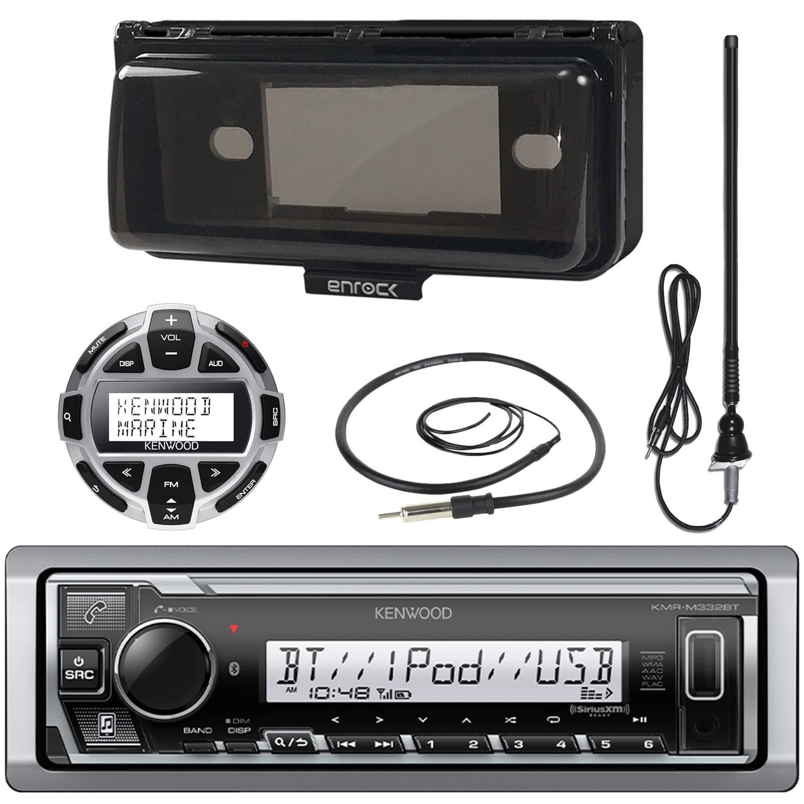 Kenwood MP3/USB/AUX Marine Boat Yacht Stereo Receiver Bundle Combo With Protective Cove, Wired Remote Control, Enrock Water Resistant 22 Radio Antenna, Outdoor Rubber Mast 45" Antenna