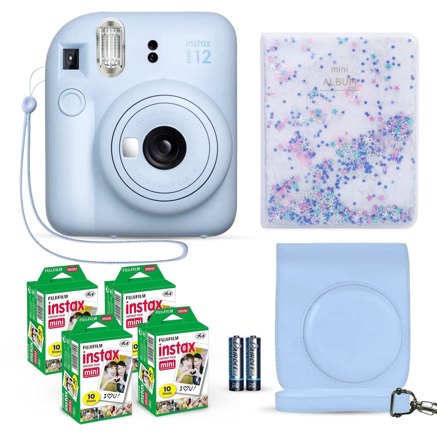 Fujifilm Instax Mini 12 Instant Camera Pastel Blue + Fuji Film Value Pack (40 Sheets) + Shutter Accessories Bundle, Incl. Compatible Carrying Case, Quicksand Beads Photo Album 64 Pockets